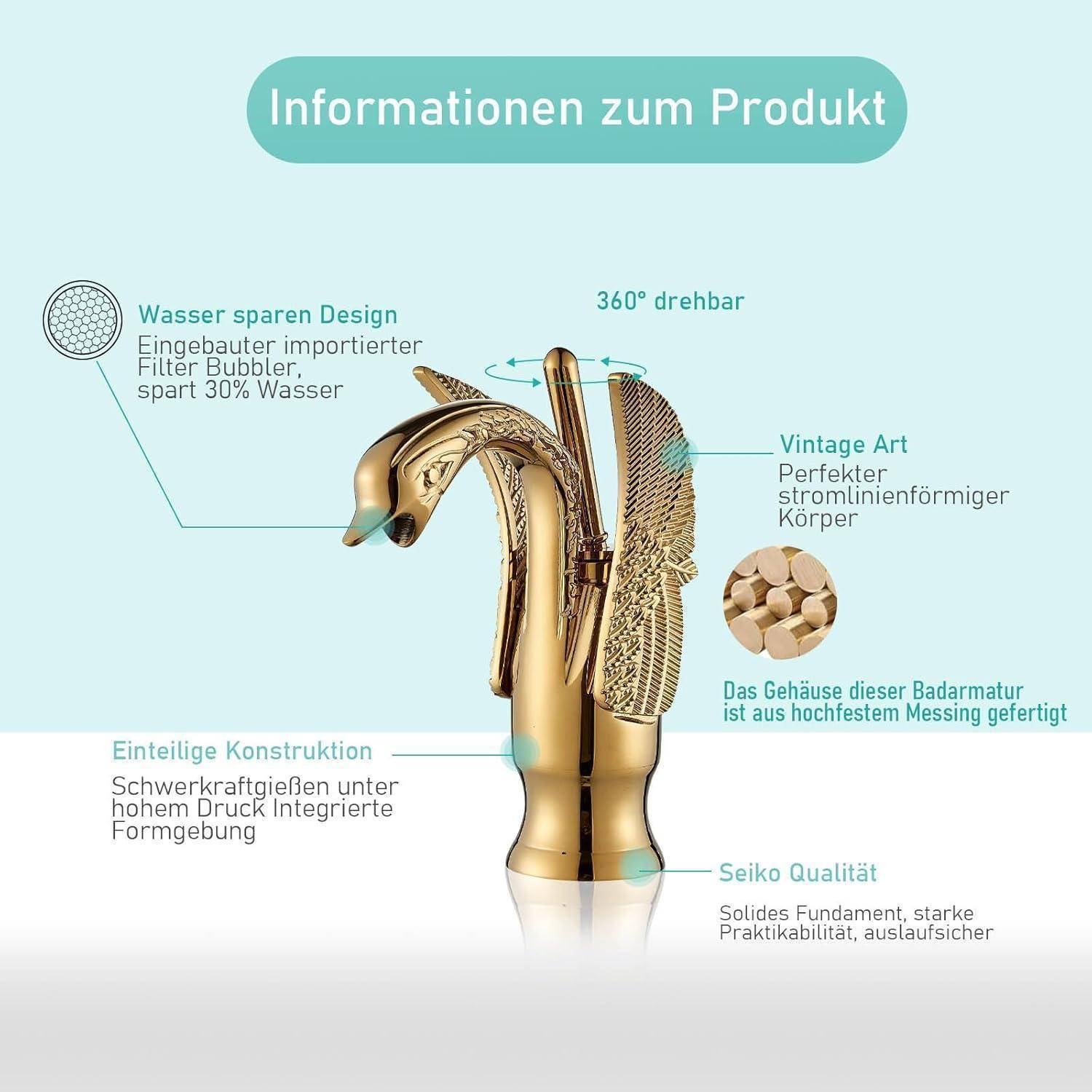 Produktinformationsdiagramm eines goldenen Badezimmerhahns mit 360°-Drehung, wassersparendem Design, einteiliger Konstruktion, Vintage-Stil, Messinggehäuse und Seiko-Qualität.