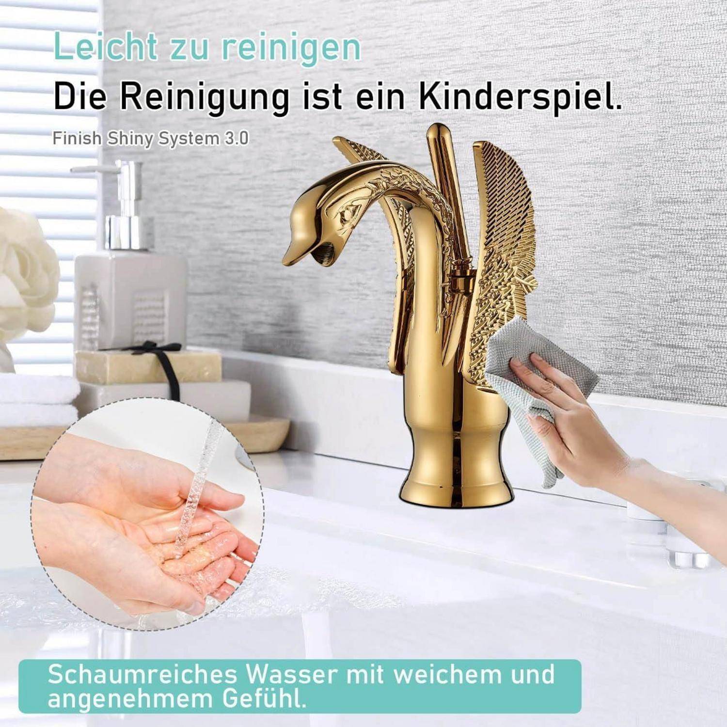 Suguword Gold Bad Wasserhahn Badarmatur Schwanenarmatur Waschtischarmatur mit Tierschwan-Design Waschbeckenarmatur Waschbecken Badezimmer