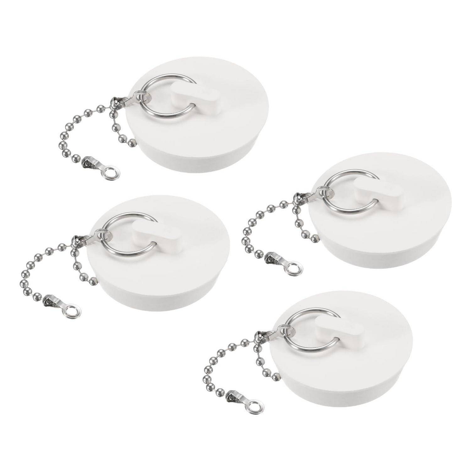 Vier weiße runde selbstklebende Kabelclips mit Metallkugelketten und Schnappverschlüssen, arrangiert auf einem schlichten weißen Hintergrund.