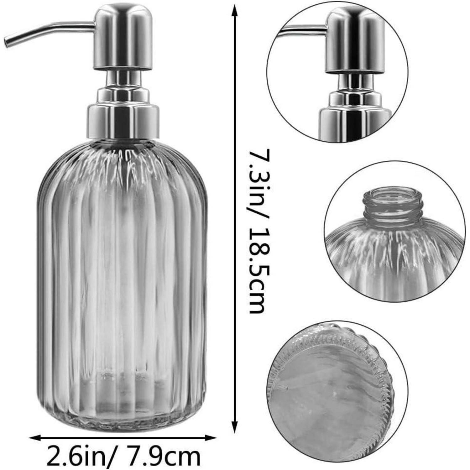 Glassseifenspenderflasche mit Metallpumpe, dargestellt mit Größenangaben 7,3 Zoll (18,5 cm) hoch und 2,6 Zoll (7,9 cm) breit; Nahaufnahmen zeigen Pumpe und Gewindeschaft.
