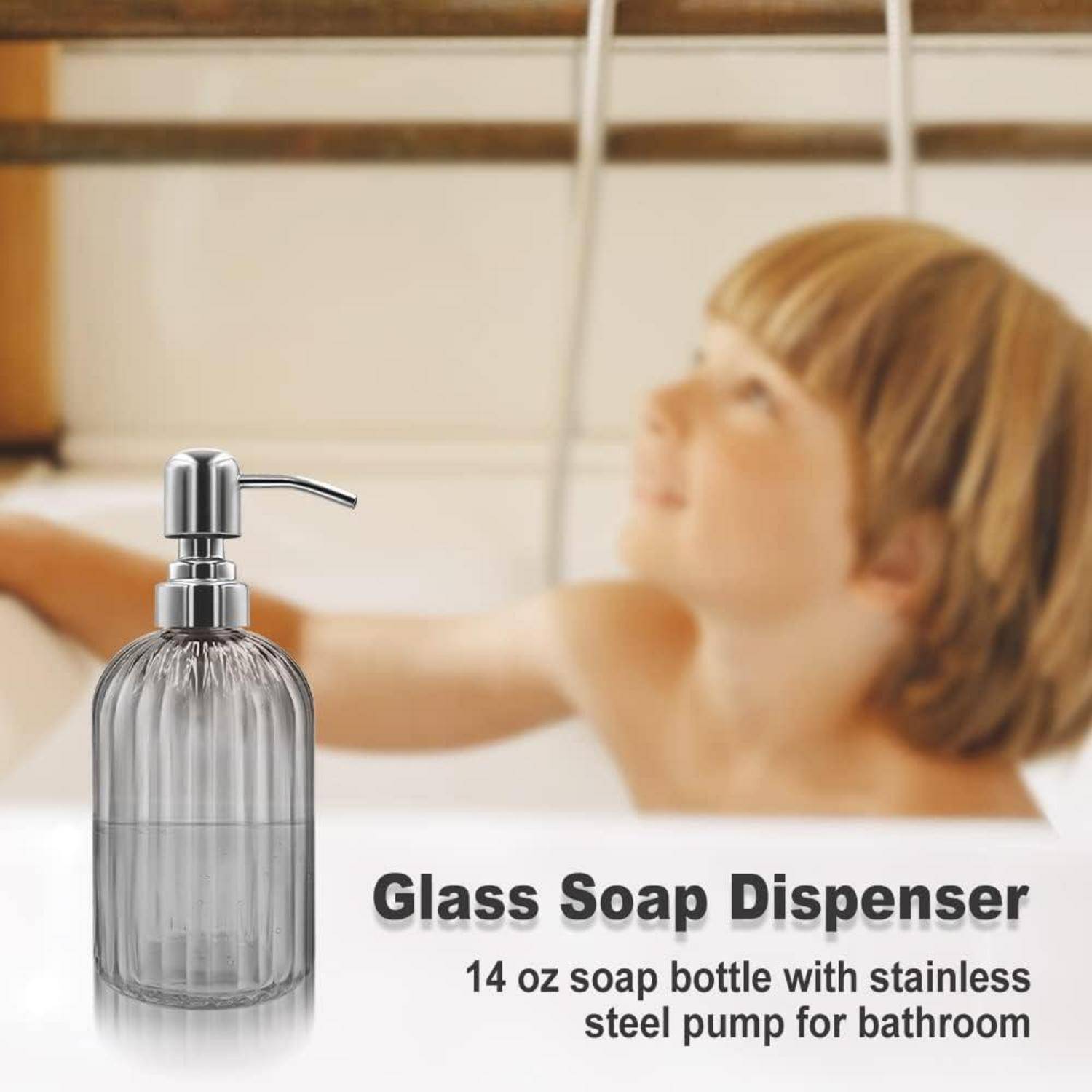 Grauer gerippter Glassseifenspender mit Edelstahlpumpe, gezeigt mit Text 