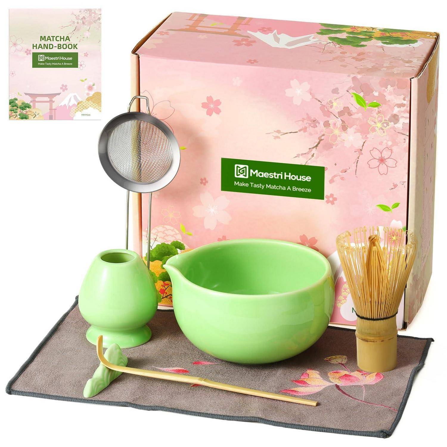 Maestri House Matcha Besen Set Geschenkset 7-Teilig in Grün | Japanisches Matcha Zubehör Set mit Ausgießer-Schale, Bambus Chasen & Halter, Hochwert