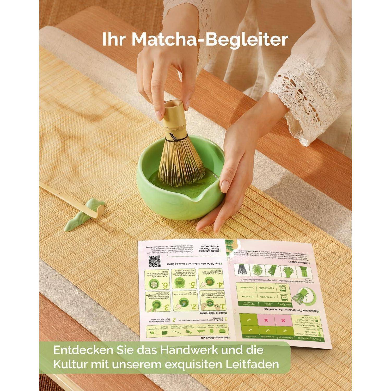 Maestri House Matcha Besen Set Geschenkset 7-Teilig in Grün | Japanisches Matcha Zubehör Set mit Ausgießer-Schale, Bambus Chasen & Halter, Hochwert