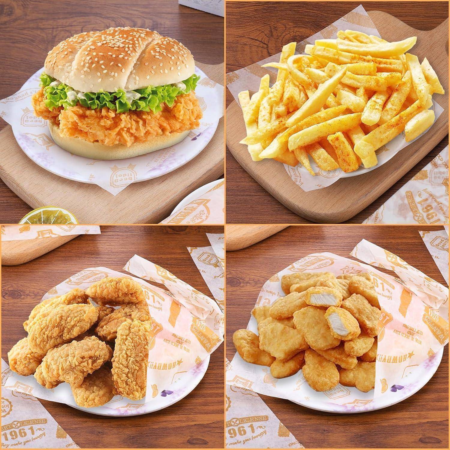 Hejo 100 Blätter Deli Papierblätter, Pommes Papier für Korb, Umweltfreundliches Backpapier, Burger Wrap Papier für Burger, Butterbrot, Käse, Pomm
