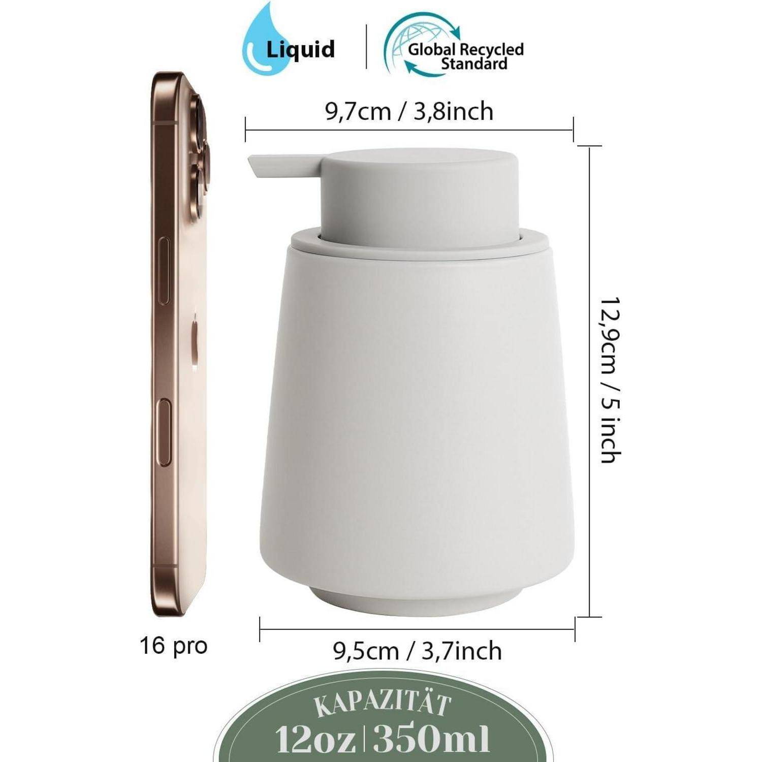 Produktgrößen-Diagramm eines Seifenspenders: 12,9 cm hoch, 9,7 cm breit, 9,5 cm Basis, mit 12 oz/350 ml Fassungsvermögen und ein iPhone 16 Pro zur Größenangabe.
