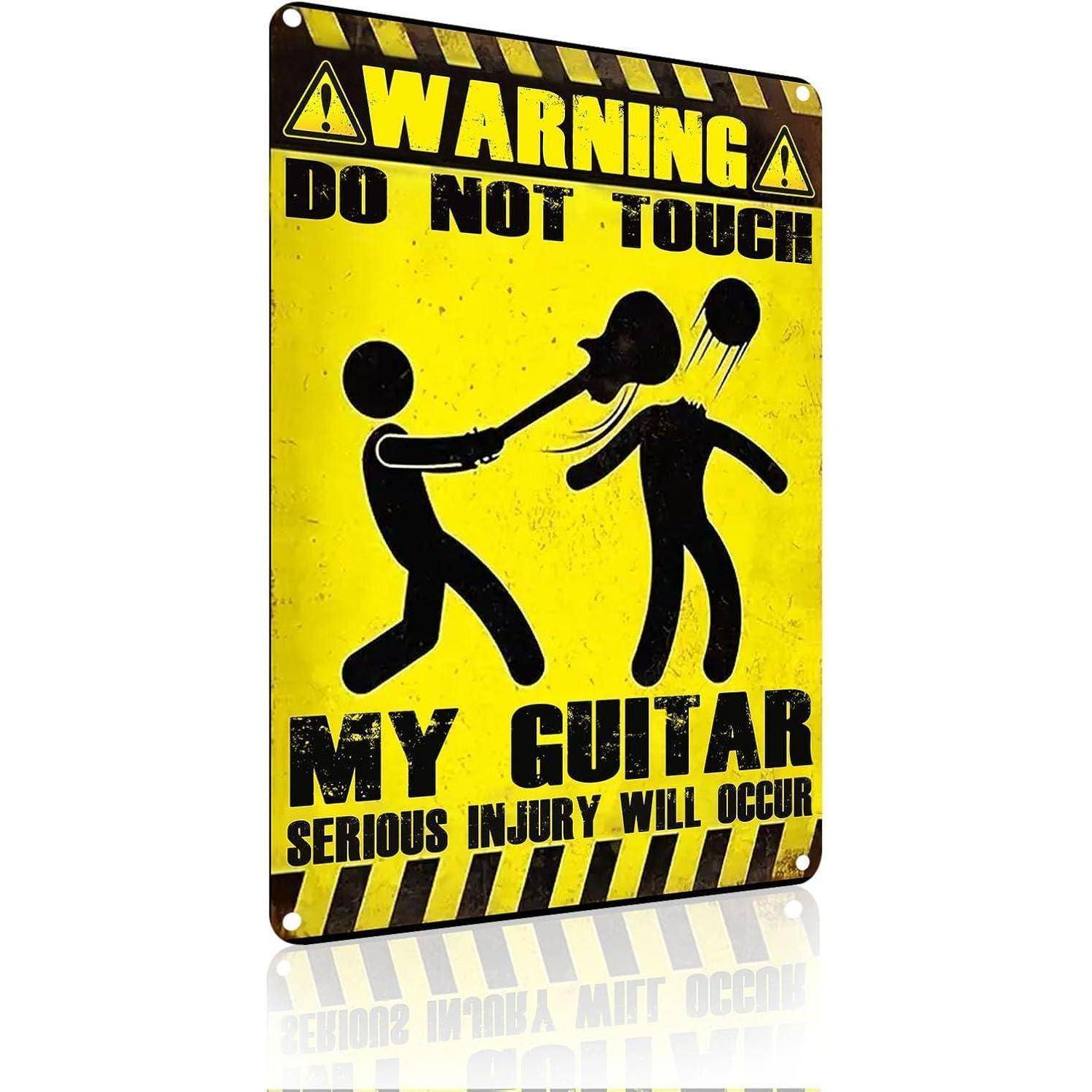 Gelbes Warnschild mit der Aufschrift „MEINE GITARRE NICHT ANFASSEN