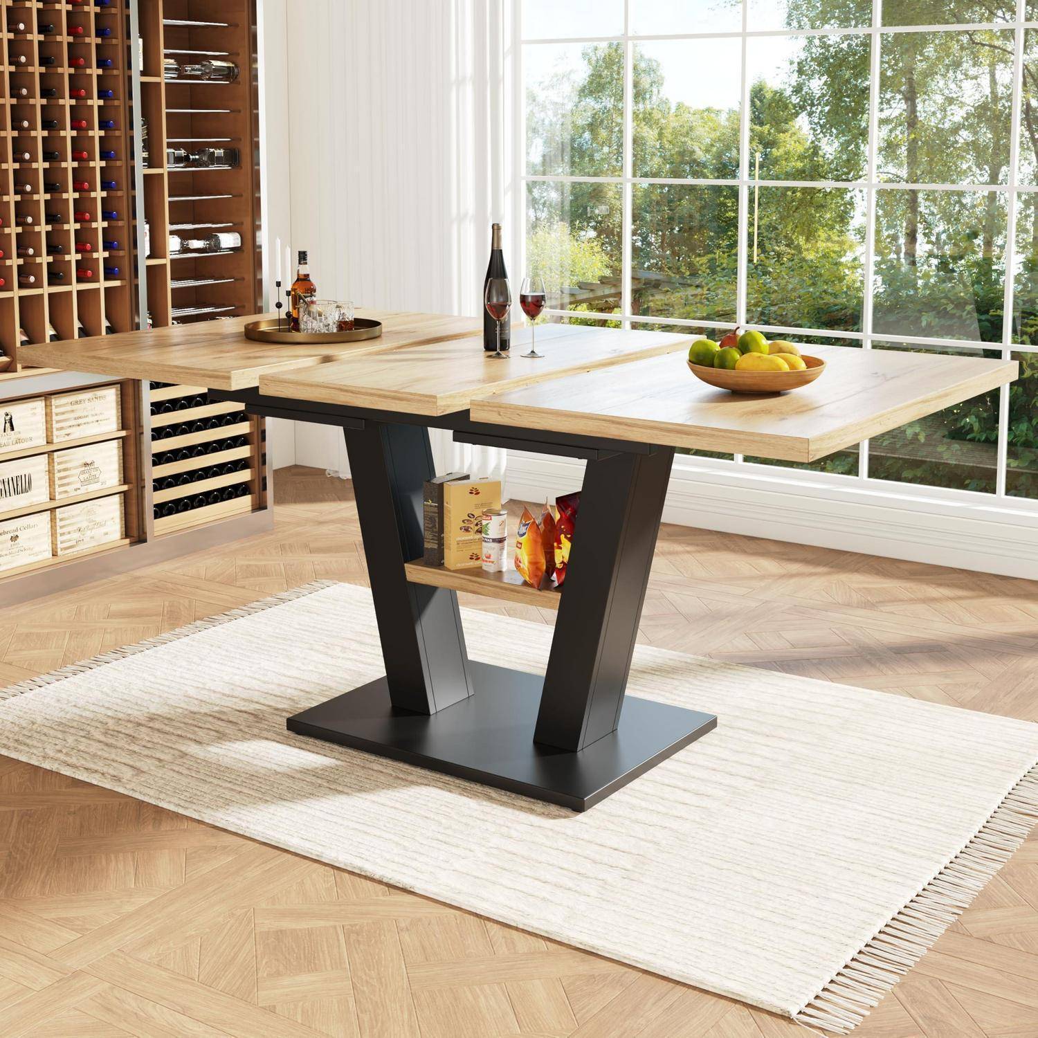 Esstisch Ausziehbar, Küchentisch Esszimmertisch, Esszimmertisch Ausziehbar für Küche und Wohnzimmer (Naturfarbe+Schwarz)