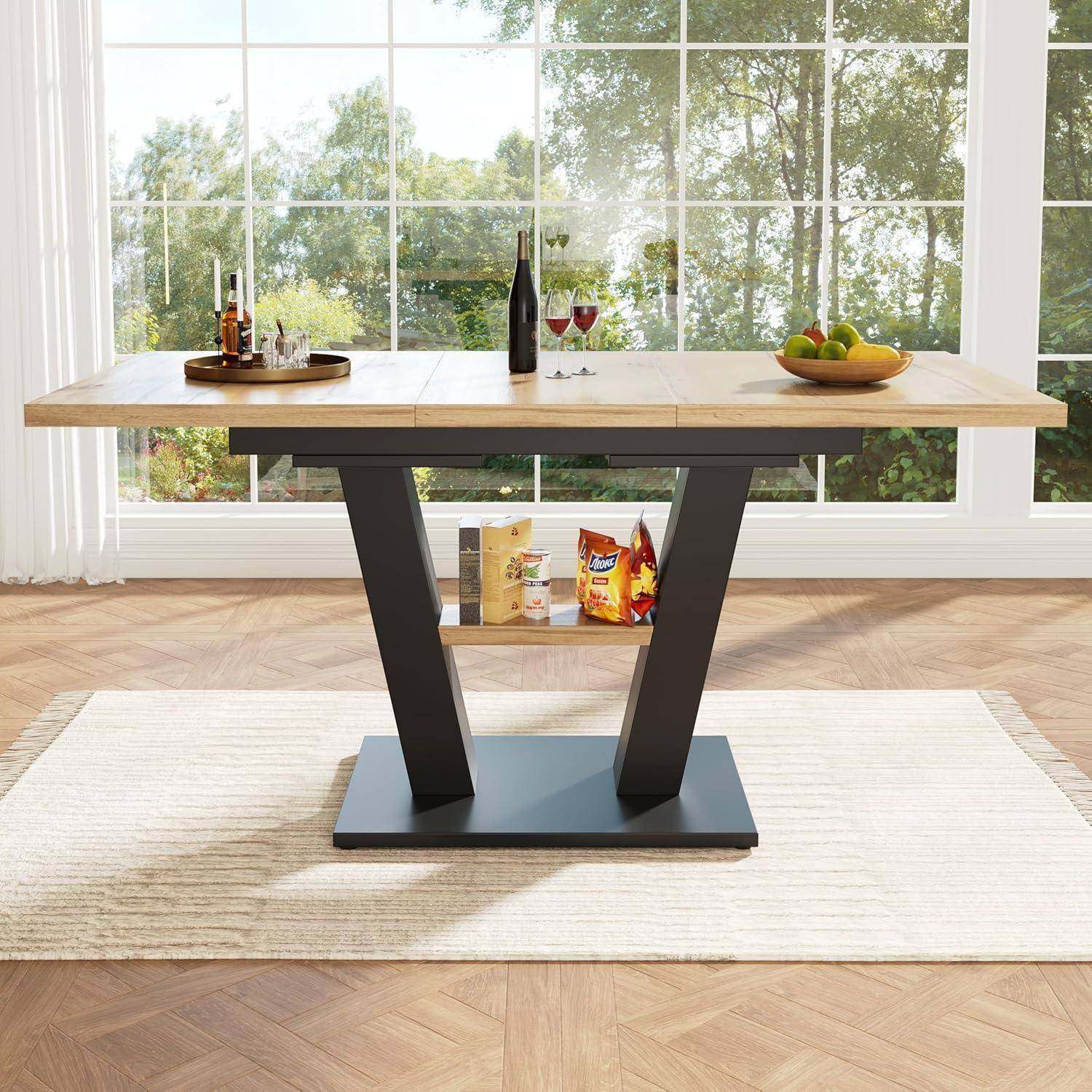 Esstisch Ausziehbar, Küchentisch Esszimmertisch, Esszimmertisch Ausziehbar für Küche und Wohnzimmer (Naturfarbe+Schwarz)