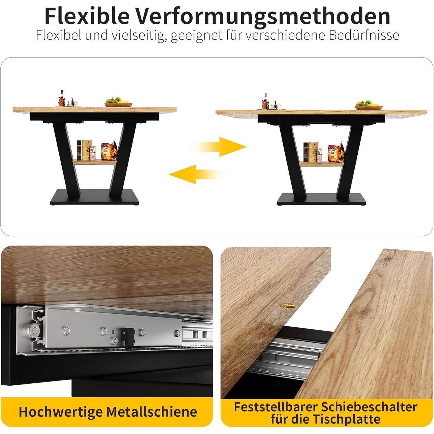 Esstisch Ausziehbar, Küchentisch Esszimmertisch, Esszimmertisch Ausziehbar für Küche und Wohnzimmer (Naturfarbe+Schwarz)