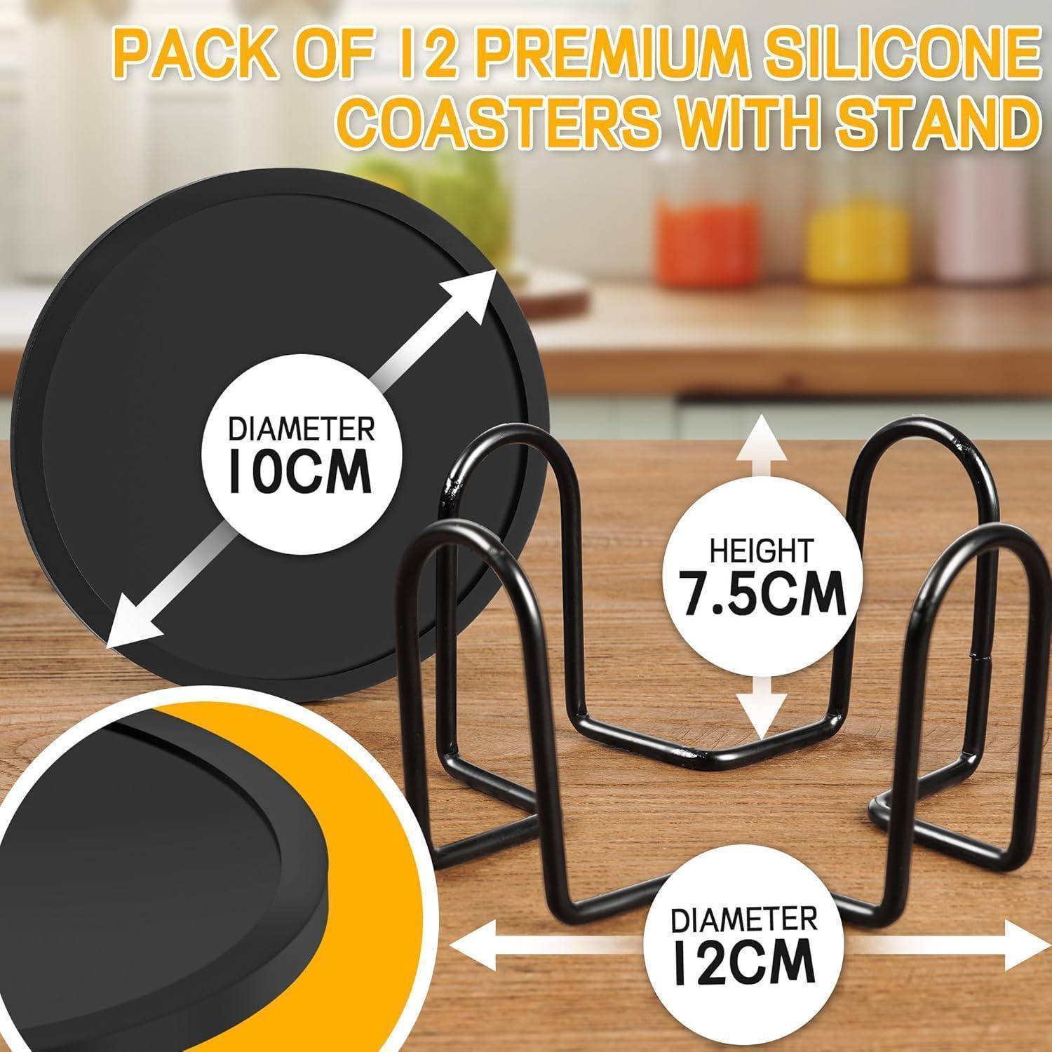 Werbebild von 12 Premium-Silikonuntersetzern mit Ständer, das einen Durchmesser des Untersetzer von 10 cm, eine Standhöhe von 7,5 cm und eine Ständerbreite von 12 cm zeigt.