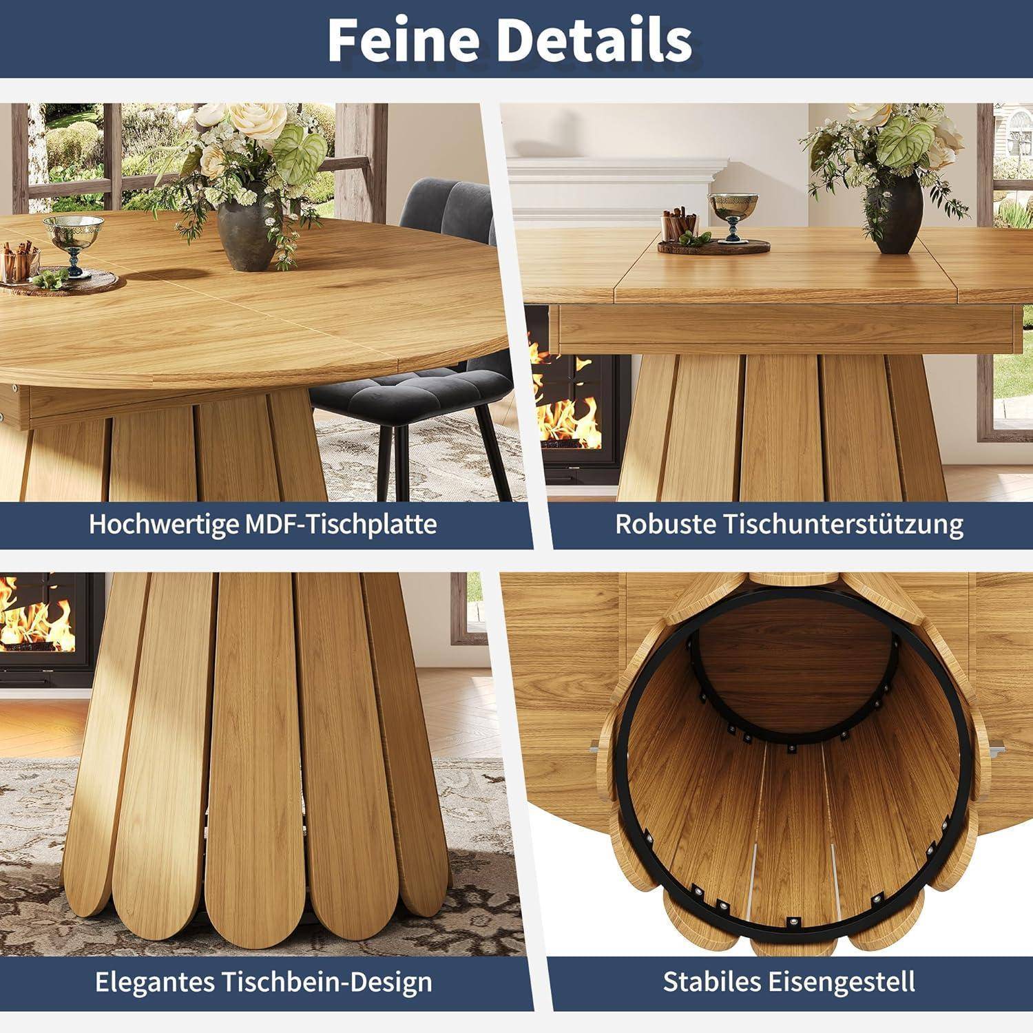 Esstisch Rund Ausziehbar, Stabiles Gestell, Esstisch Rund Holz 118-158 x 118 x 76 cm, Innenliegende Einlegeplatte, Esszimmertisch Ausziehbar, Platz