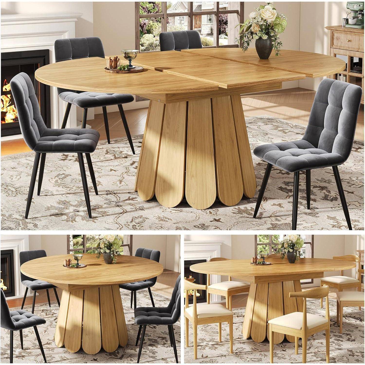 Esstisch Rund Ausziehbar, Stabiles Gestell, Esstisch Rund Holz 118-158 x 118 x 76 cm, Innenliegende Einlegeplatte, Esszimmertisch Ausziehbar, Platz