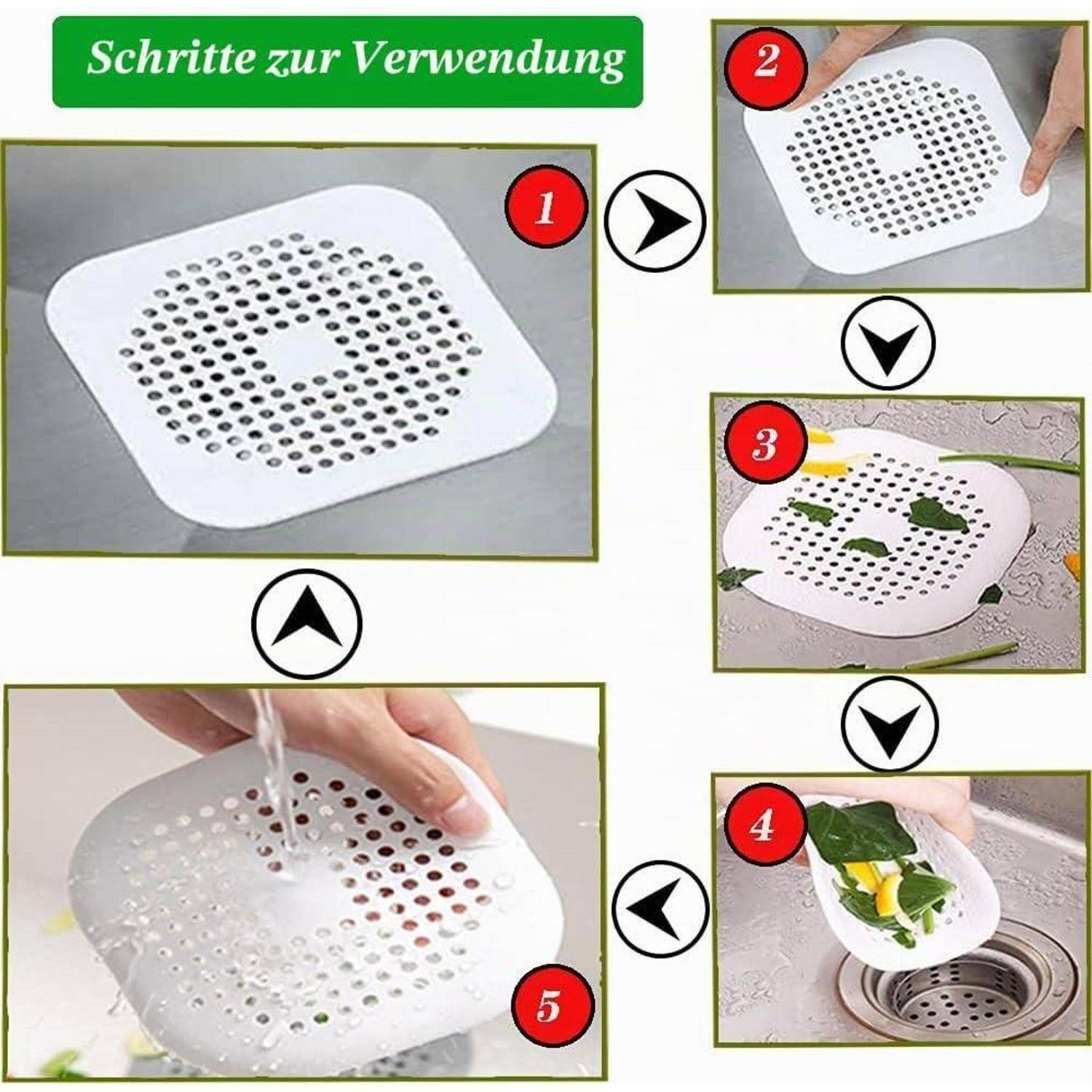 Diagramm mit fünf Schritten zur Verwendung einer perforierten Spülmatte: ausspülen, über einen Ablauf legen, Essensreste sammeln und leeren.