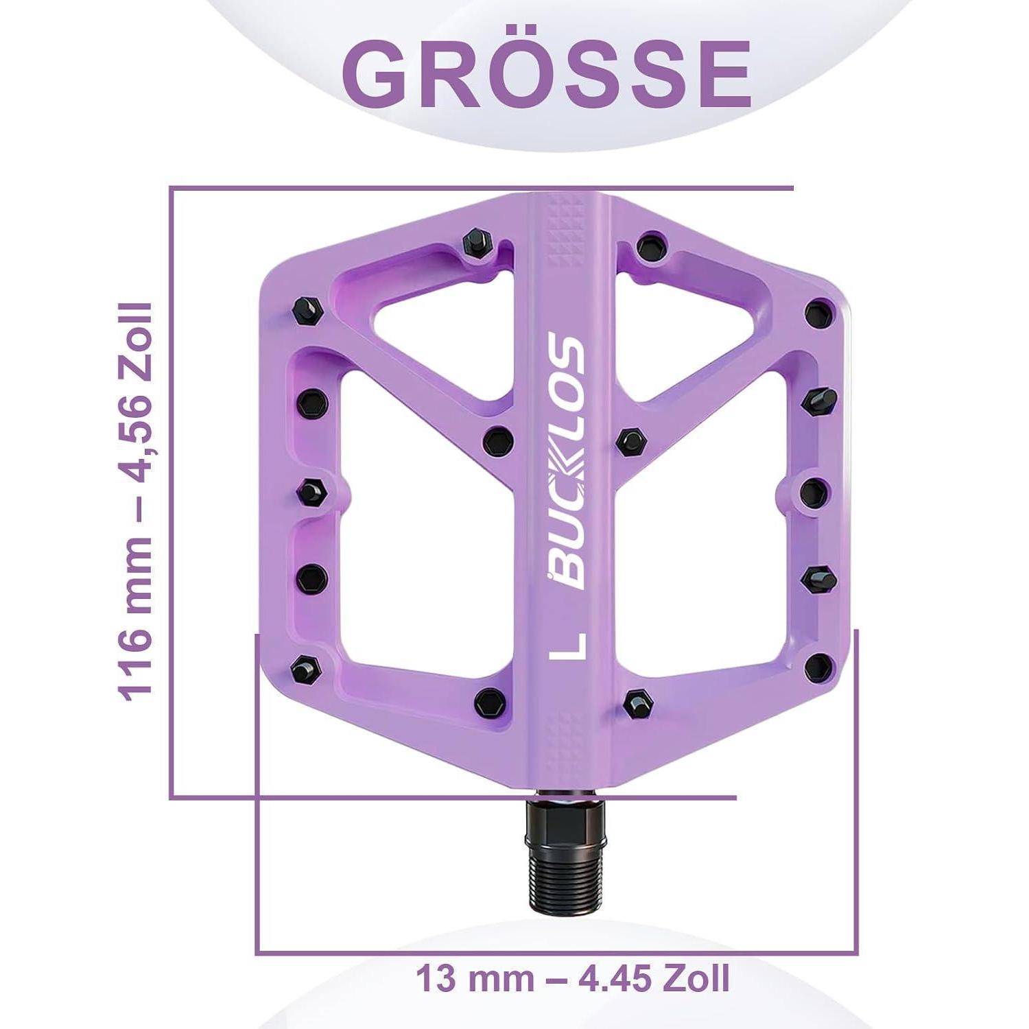 Größendiagramm des violetten Fahrradverschlusses mit Angabe "GRÖSSE"" und den Abmessungen 116 mm (4,56 Zoll) Höhe und 13 mm (4,45 Zoll) Breite.