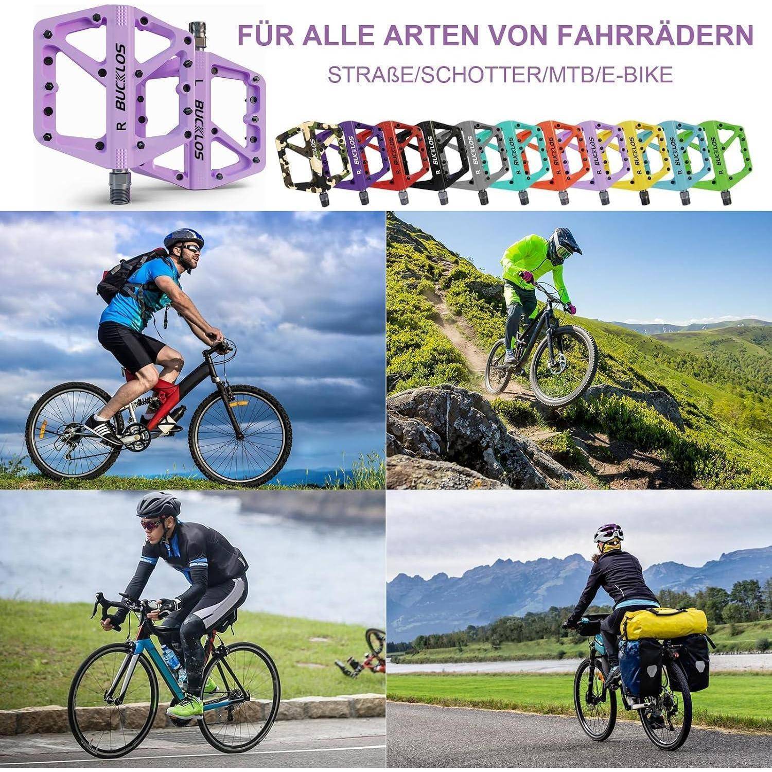 Anzeige für bunte BUCKLOS Fahrradpedale, gekennzeichnet mit dem deutschen Etikett „Für alle Arten von Fahrrädern" und „Rennrad/Gravel/MTB/E-Bike"", gezeigt mit Radfahrern, die sie auf verschiedenen Geländearten nutzen.