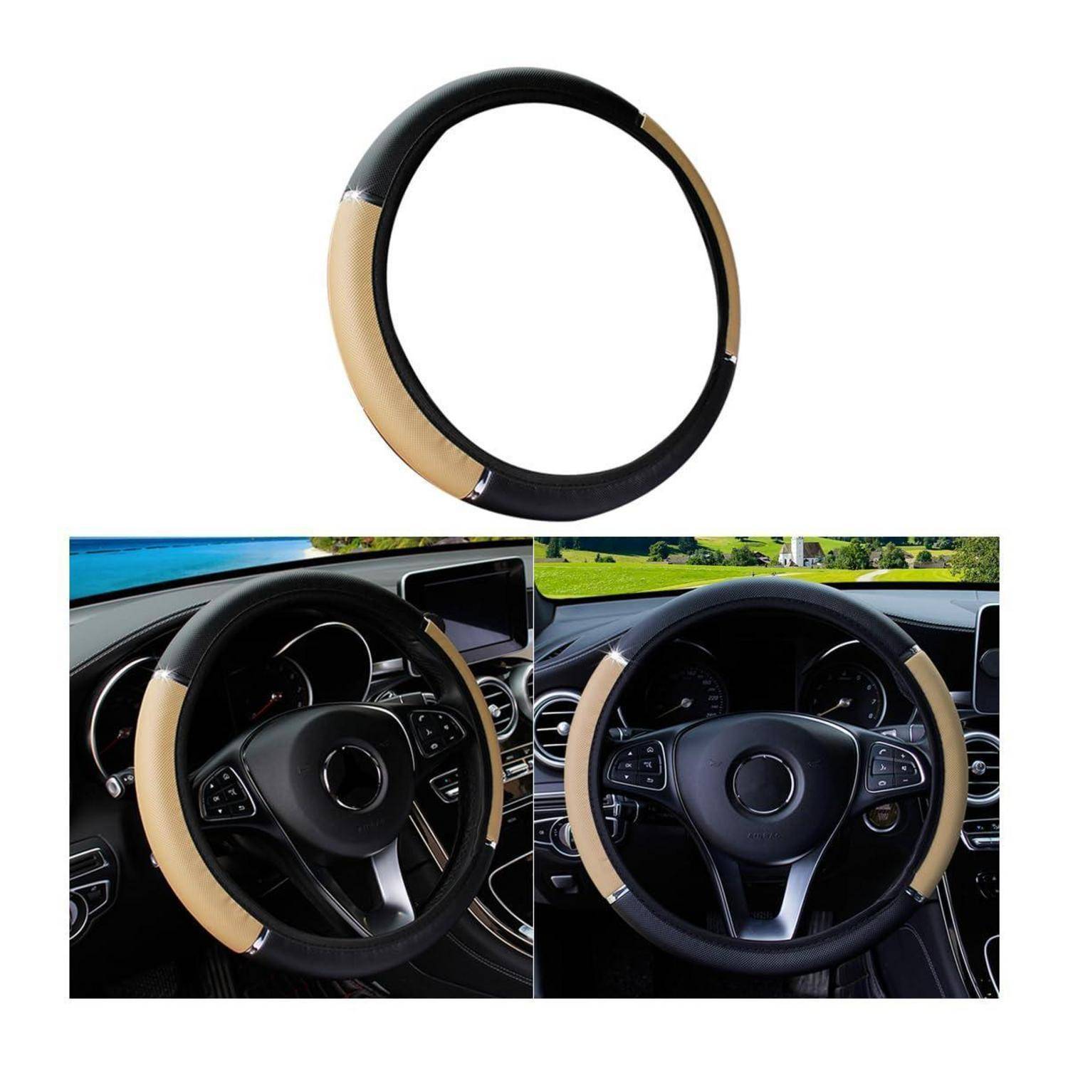 Schwarz-beige Lenkradabdeckung mit zwei Beispielen im Auto auf einem Lenkrad gezeigt