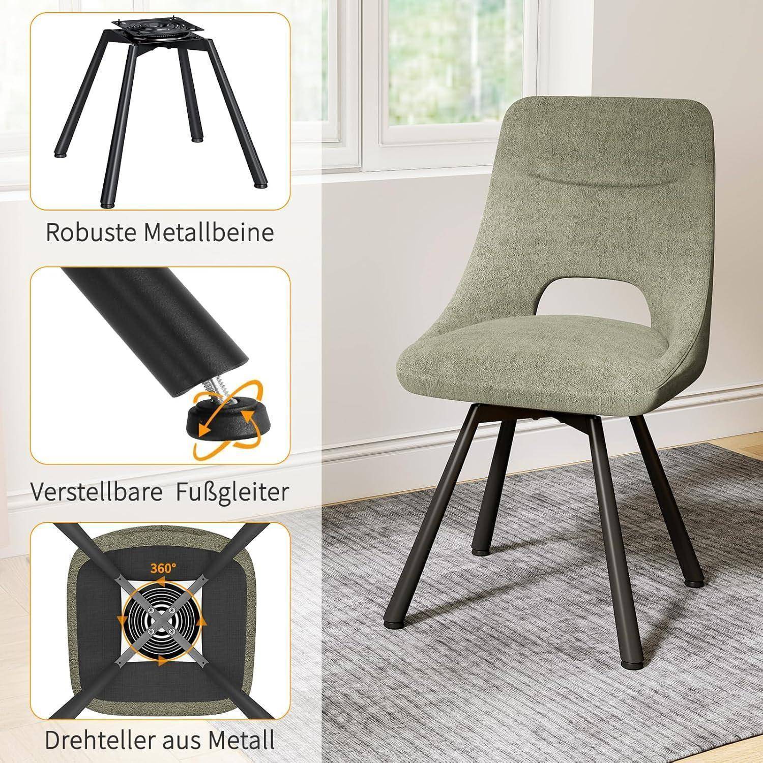 Esszimmerstühle Drehbar 2er Set, 360° Drehbare Stuhl, Moderne Gepolsterte Küchenstühle mit Durchbrochene Rückenlehne, für Küche, Esszimmer, Sch