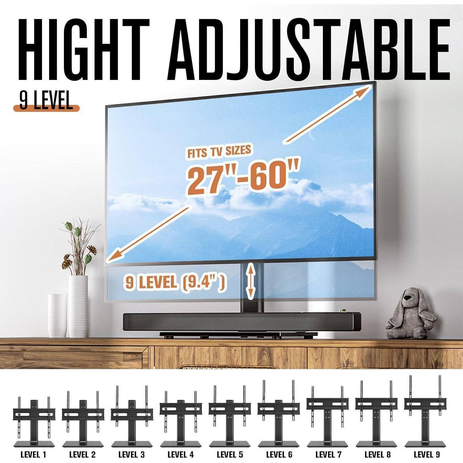Universal TV-Ständer/Basistisch-TV-Ständer, 27 bis 60 Zoll verstellbar, 9-Stufen-Höhe, schwere gehärtete Glasplatte, 40 kgs-Bildschirm, HT06B-001P