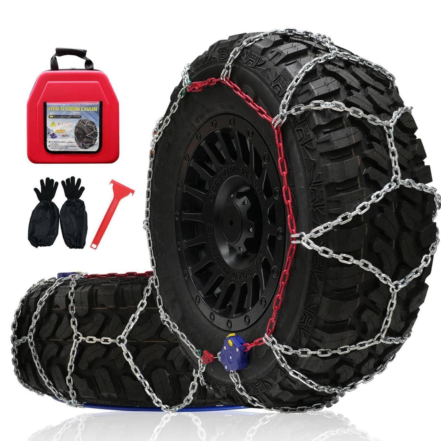 Offroad-Reifenketten-Set mit zwei kettenverstärkten Reifen, rote Tragetasche, Handschuhe und Installationswerkzeug auf weißem Hintergrund.
