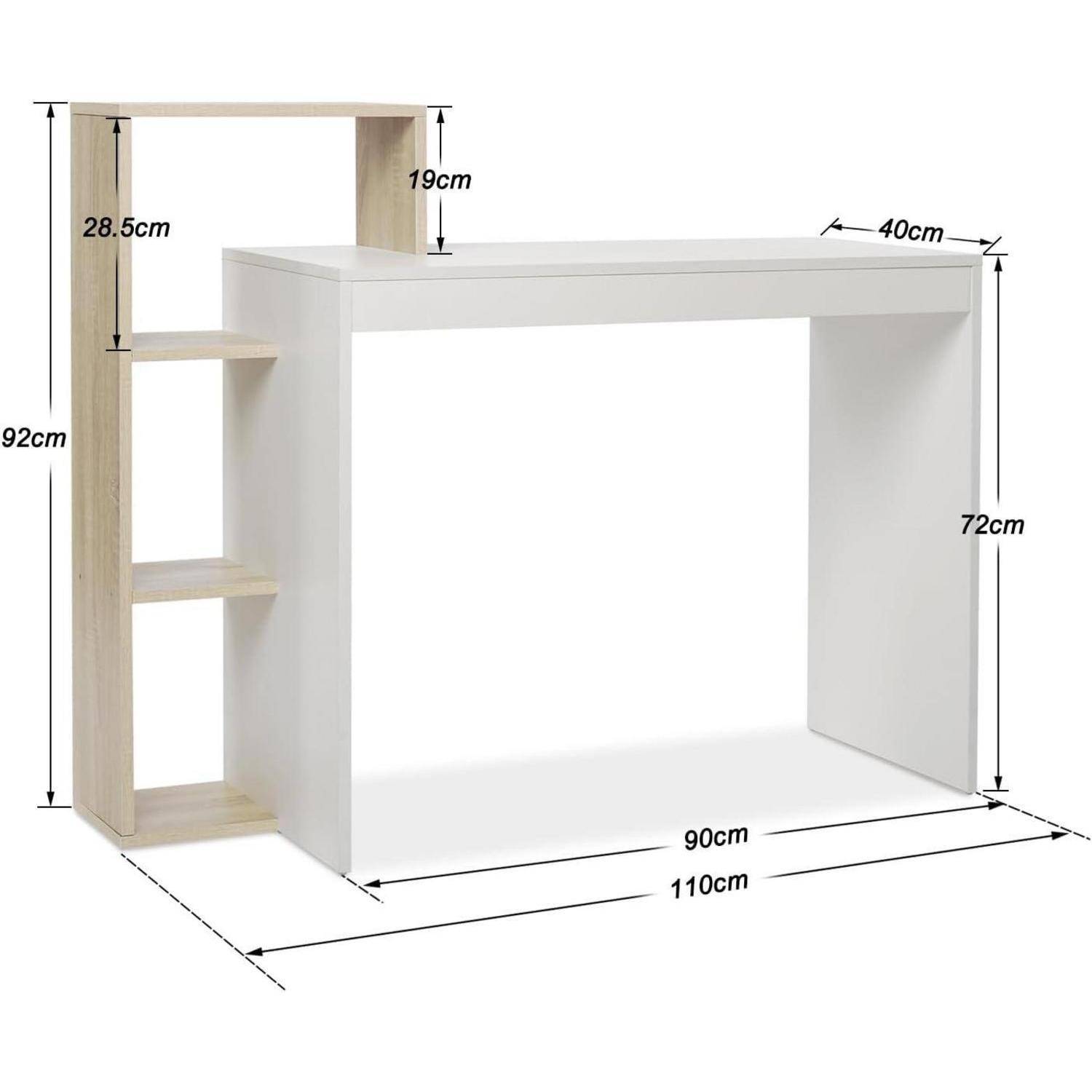 Gemessenes Bild eines weißen und Holzschreibtisches mit Seitenregalen, die Abmessungen zeigen: 110 cm breit, 40 cm tief, 72 cm hoch, 92 cm Gesamthöhe.