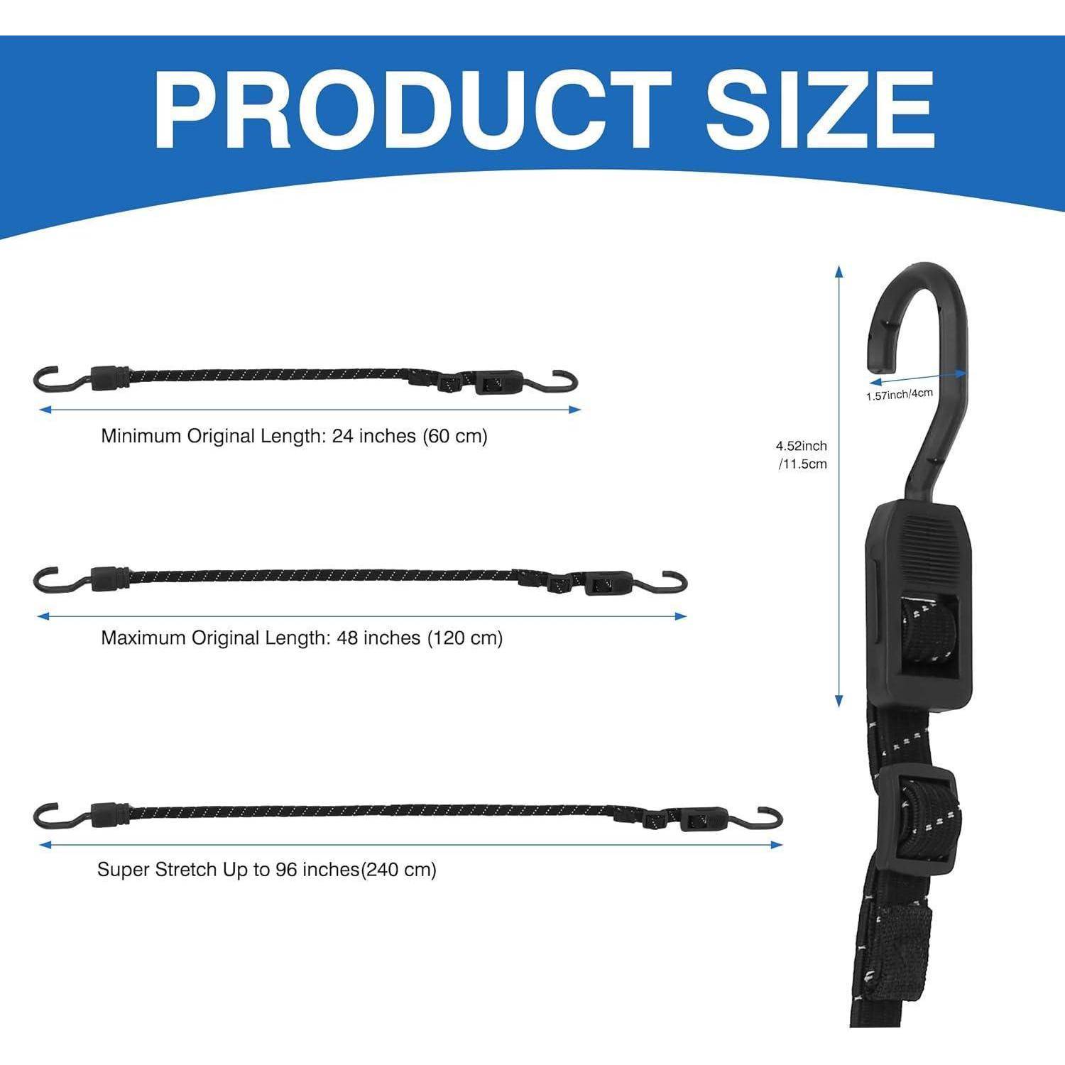 Produktgrößen-Diagramm mit einem schwarzen verstellbaren Spanngurt: Mindestlänge 24 Zoll, maximale Länge 48 Zoll, Superdehnbarkeit bis zu 96 Zoll und Hakenbaugruppe Höhe 4,52 Zoll.