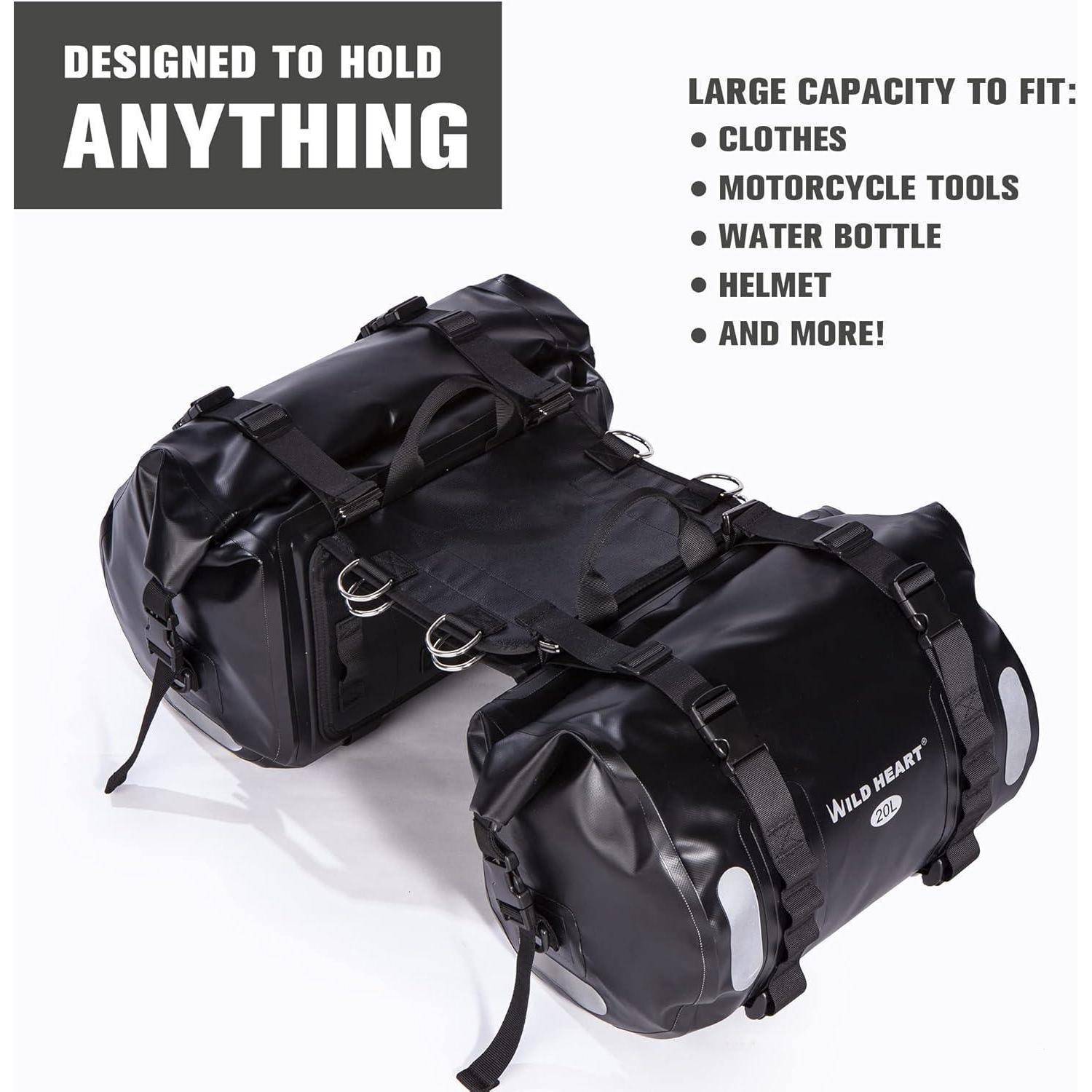 WILD HEART wasserdichte Tasche Motorrad Satteltasche 40L（20L*2 Tankrucksack Motor Seitentasche (Schwarz) 36x25 cm Schwarz