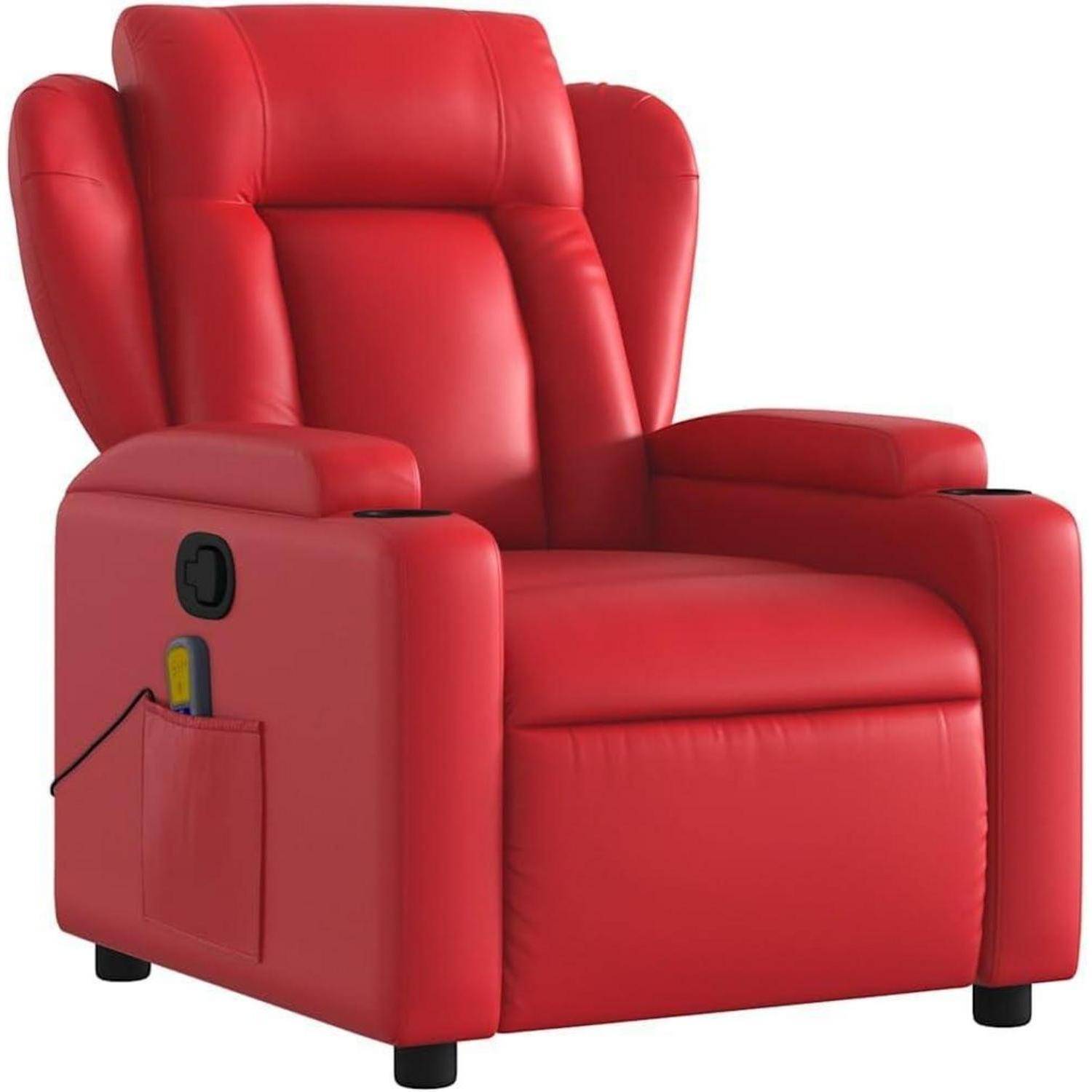 Roter Relaxsessel mit gepolsterten Kissen, Seitentasche und integrierten Getränkehaltern.