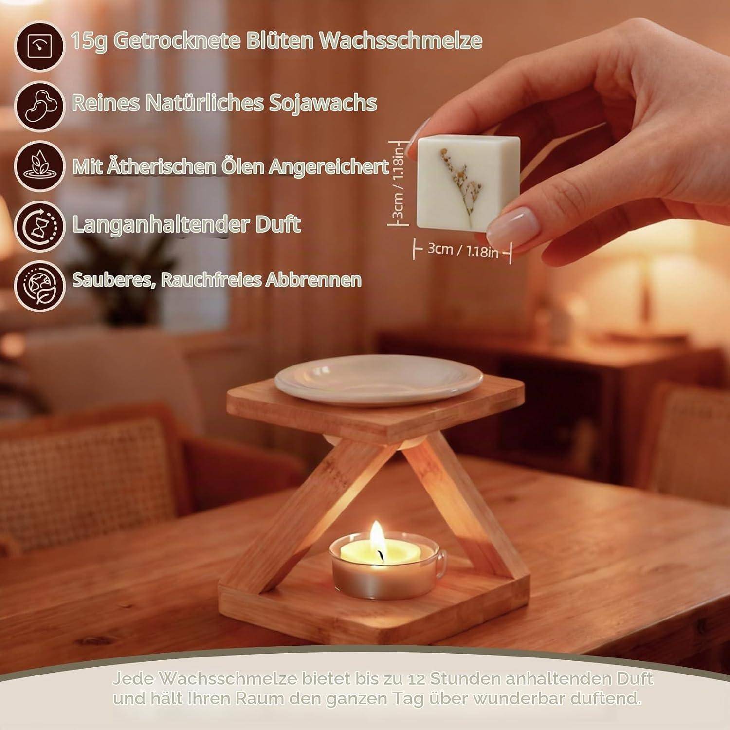 Anzeigenbild für Sojawachs-Schmelzer: Eine Hand hält einen kleinen quadratischen Schmelzer über einen hölzernen Kerzenerwärmer mit Teelicht; deutscher Text hebt natürliches Sojawachs, ätherische Öle, lang anhaltendes Aroma und sauberes Abbrennen hervor.