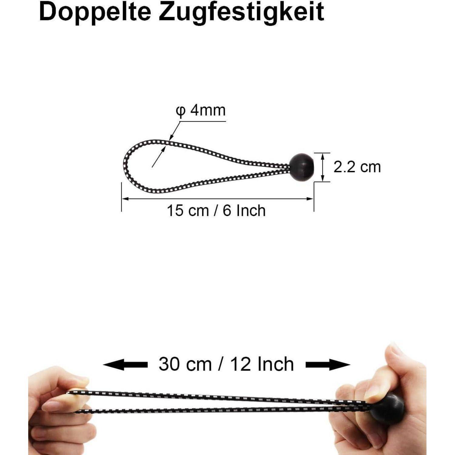 Diagramm einer Perlen-Schleuder mit Abmessungen: 15 cm lang, 2,2 cm breit, 4 mm Schnur; unten zeigt das Foto sie 30 cm gespannt zwischen zwei Händen.