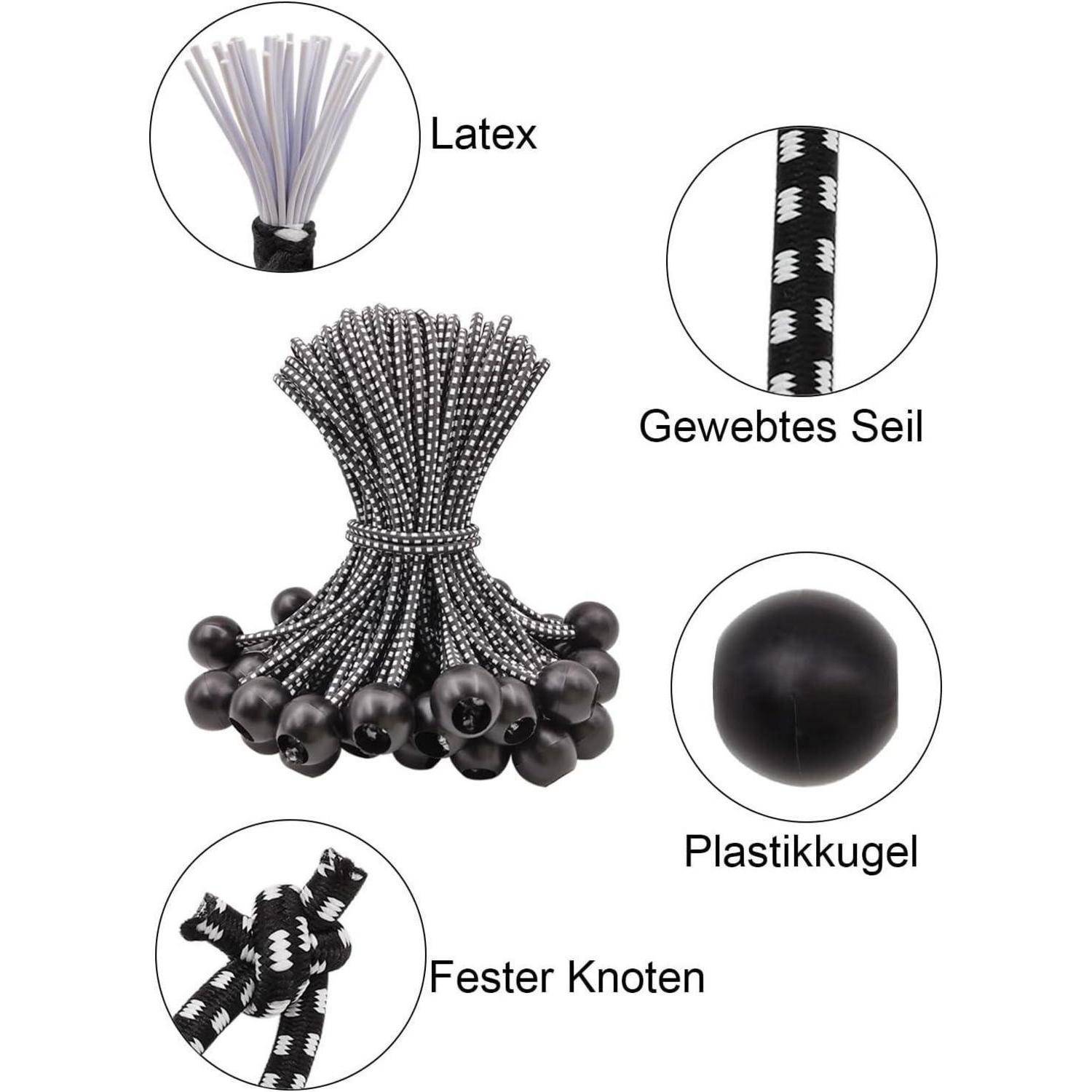 Diagramm eines Bungee-Seil-Bündels mit gekennzeichneten Nahaufnahmen, die Latexstränge, gewebtes Seil, Kunststoffball und einen sicheren Knoten zeigen.