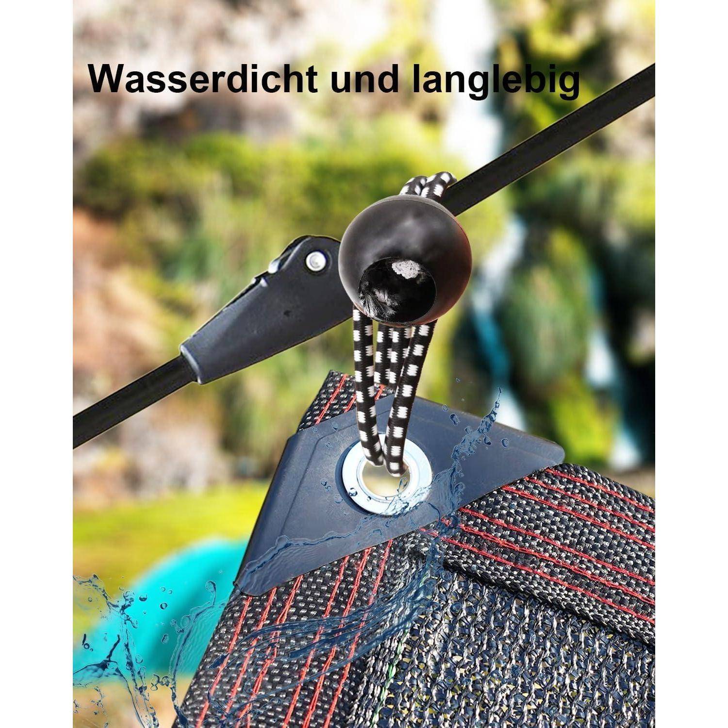 Nahaufnahme einer wasserdichten, langlebigen Taschenschnalle mit dem deutschen Text „Wasserdicht und langlebig