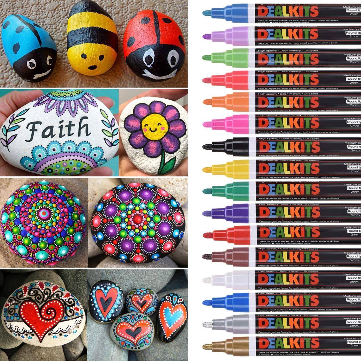 Collage bemalter Steine mit bunten Punktmustern, Blumen und Herzen, daneben eine Reihe farbenfroher DEALKITS-Farbmarker.