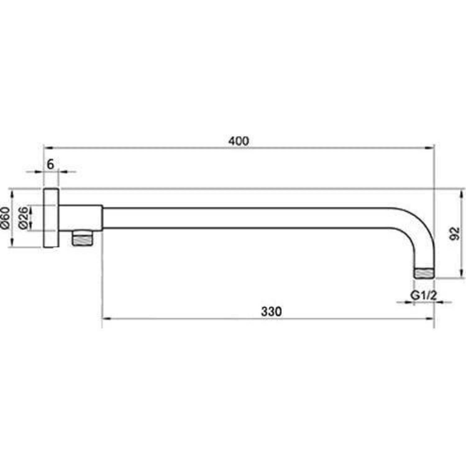 Technische Zeichnung eines wandmontierten Auslaufes, mit den Abmessungen: 400 mm lang, 92 mm hoch, 330 mm Ausladung, mit G1/2 Anschluss und Ø26/Ø60 Basis.