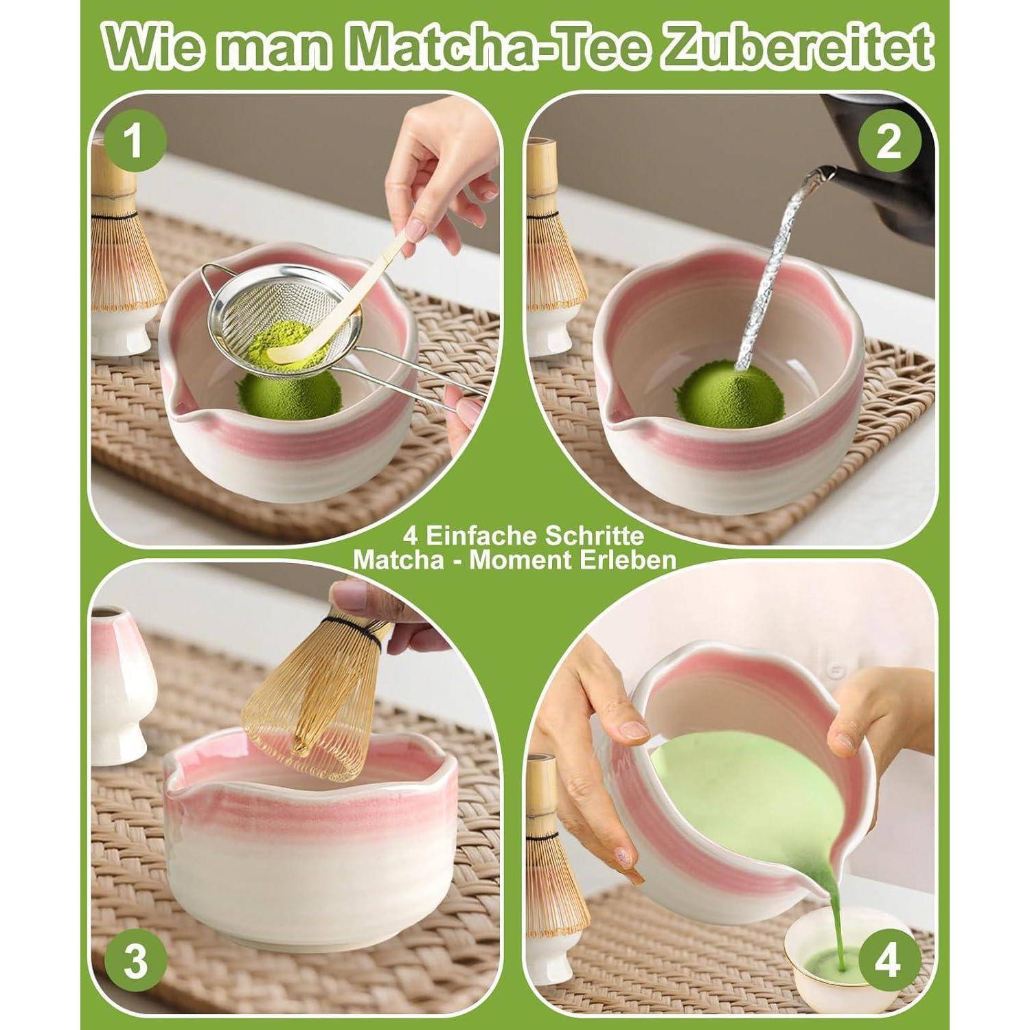 Infografik mit 4 Schritten zur Herstellung von Matcha-Tee: Pulver sieben, heißes Wasser hinzufügen, aufschäumen, dann in eine Tasse gießen.