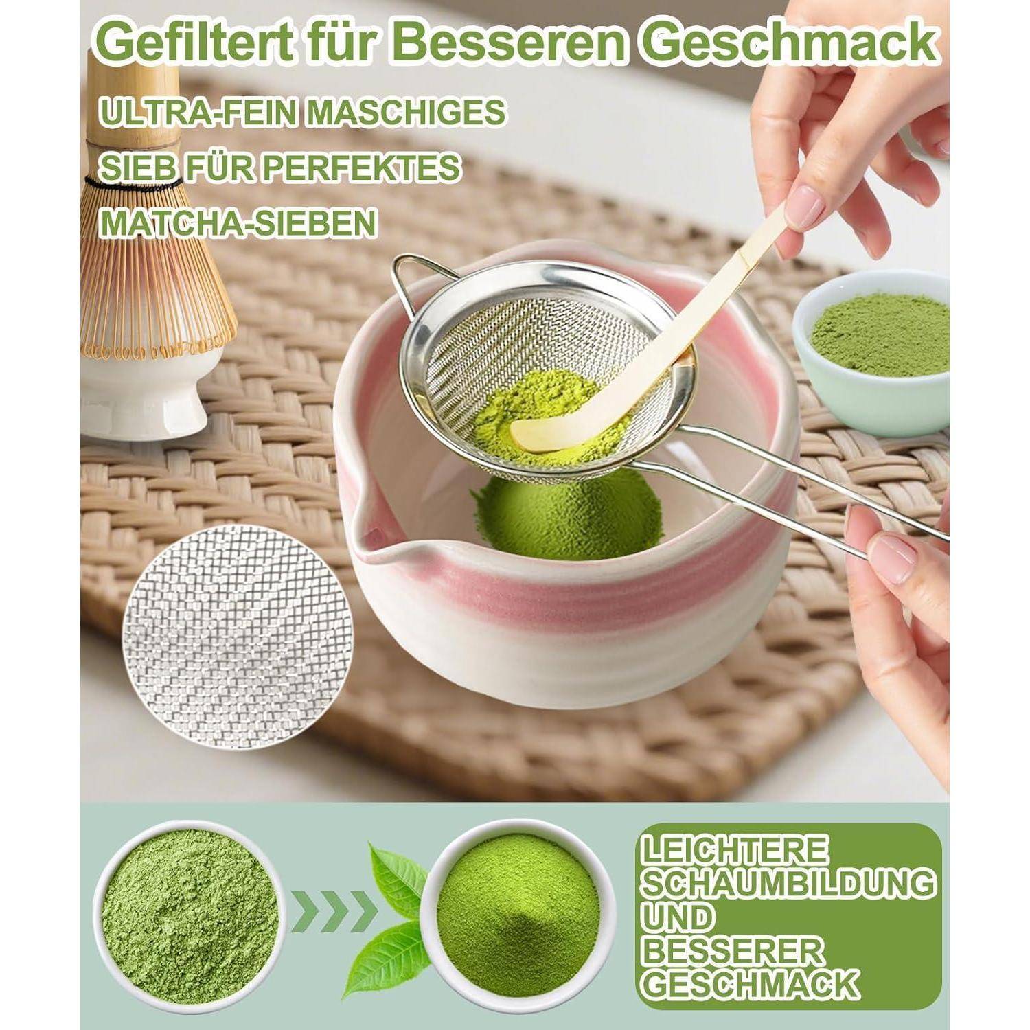 Matcha-Pulver wird durch ein feines Stahlsieb in eine Schüssel gesiebt, wobei eine feinere Textur und ein "besserer Geschmack"" nach dem Filtern sichtbar werden.