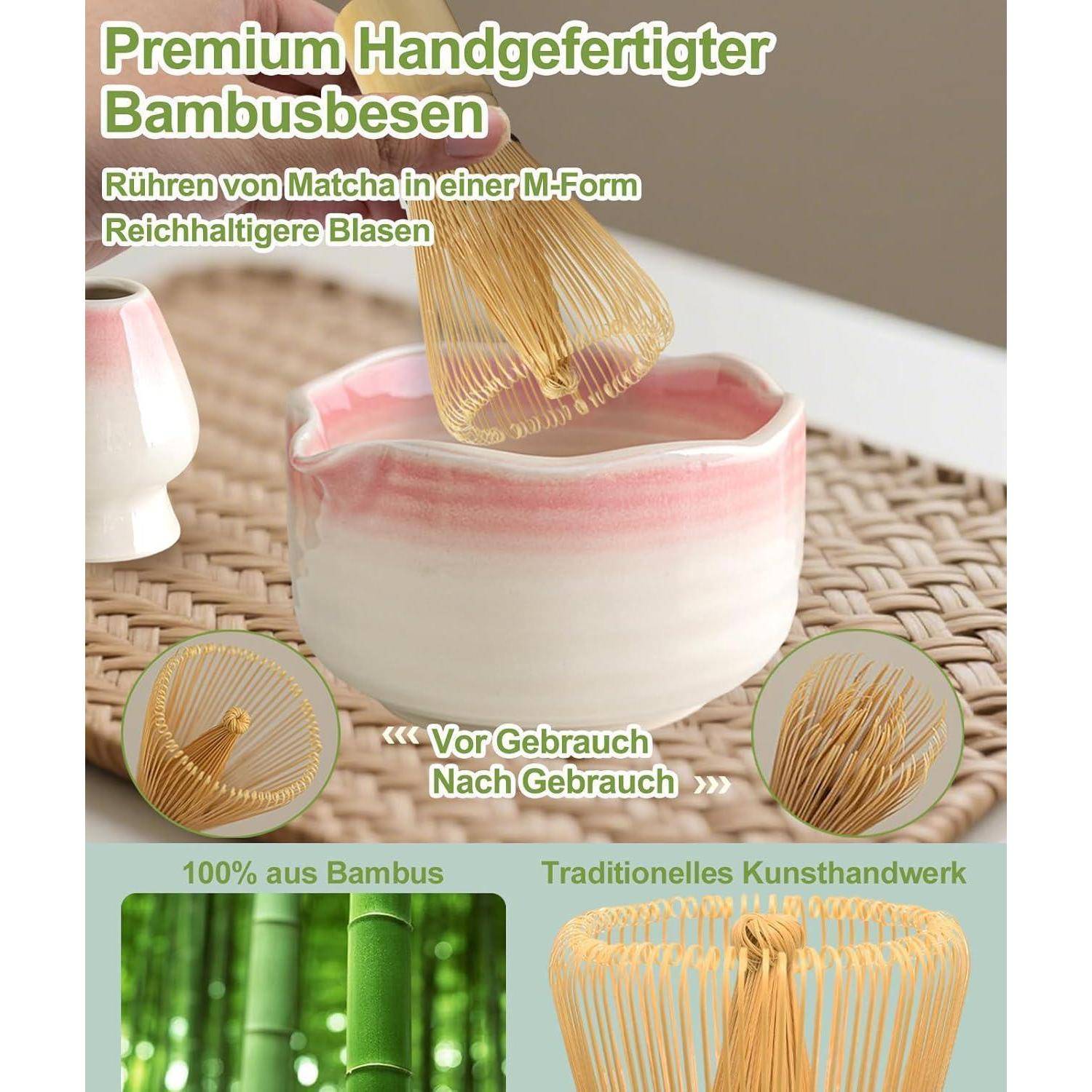 Werbebild eines handgefertigten Bambus-Matcha-Besens mit Text, der reichhaltigeren Schaum, 100% Bambus, traditionelle Handwerkskunst und Vorher-Nachher-Nutzung bewirbt.