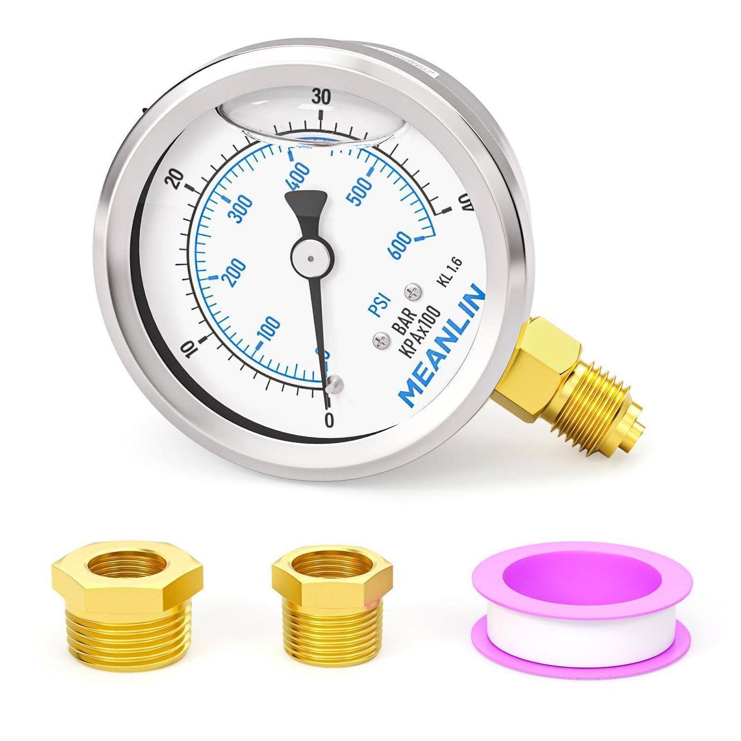 Analoges Druckmessgerät mit Beschriftung MEANLIN, Messinggewindeverbinder, abgebildet mit zwei Adapterfittings und rosa Dichtungsband auf weißem Hintergrund.