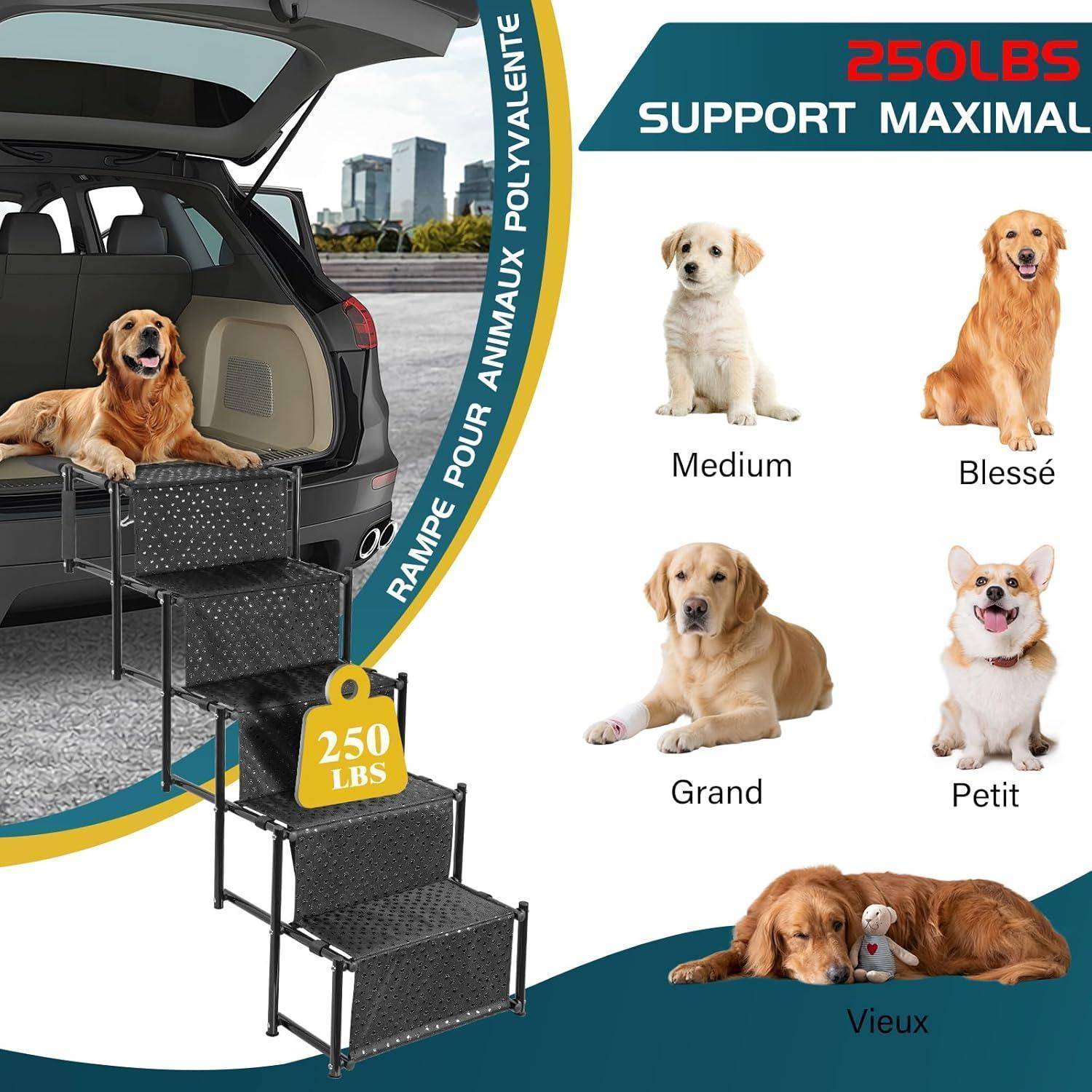 5-stufige Hunde-Autotreppe, Klappbar Hunderampe mit Rutschfester Oberfläche, Hundetreppe für Kleine und Große Hunde bis 80 kg, für Autos und SUVs