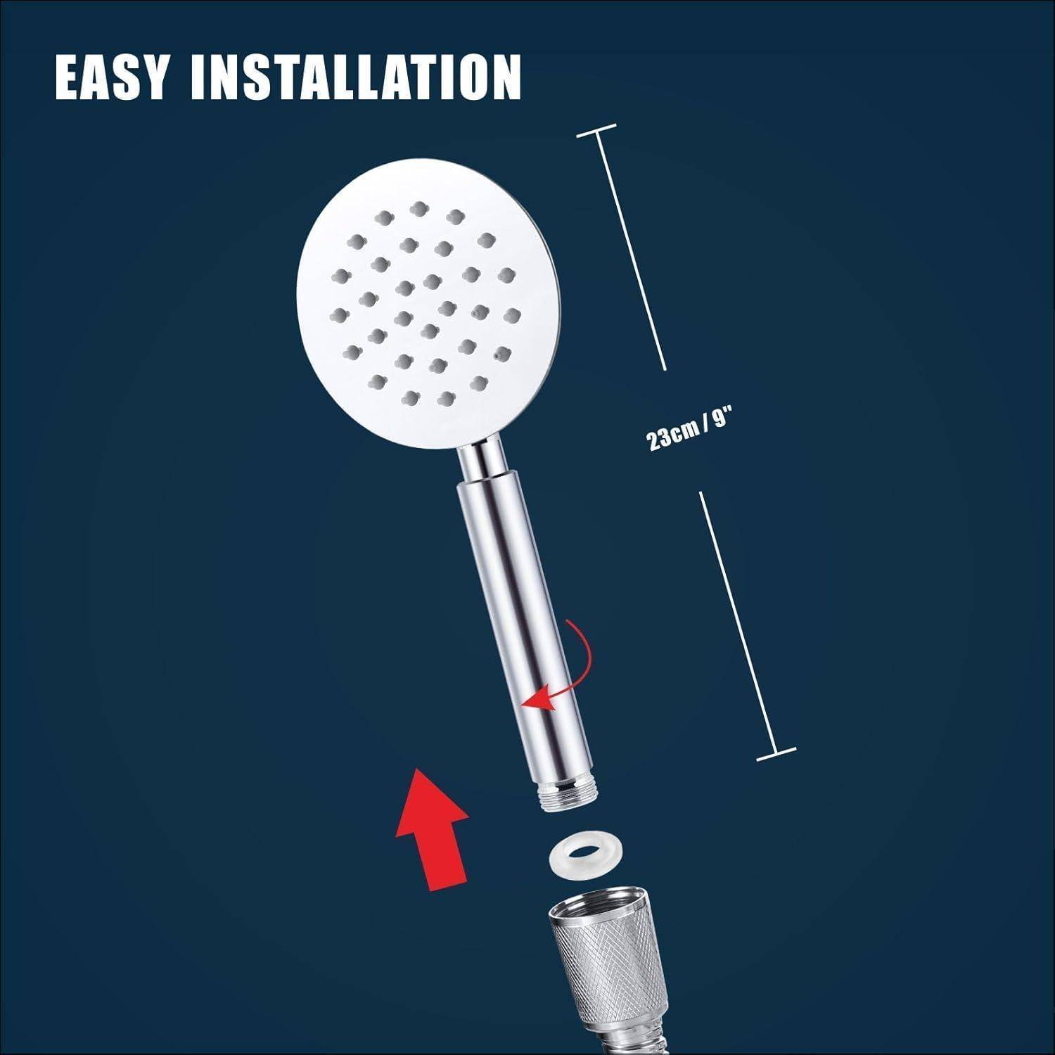 Installationsdiagramm für Duschkopf, das einen Handduschkopf zeigt, der auf einen Schlauch geschraubt ist, mit der Beschriftung „EINFACHE INSTALLATION