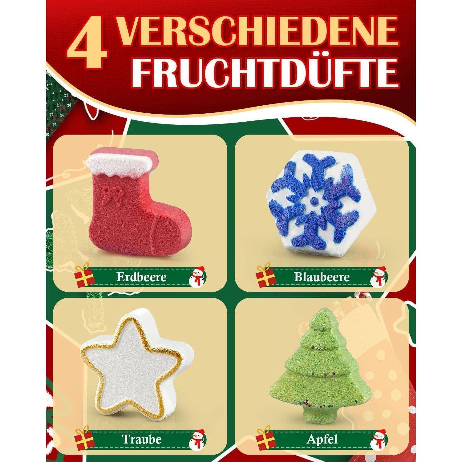 Weihnachtsplakat mit vier verschiedenen Fruchtdüften, das folgende duftende Formen zeigt: Erdbeerstumpf, Heidelbeerschneeflocke, Traubenstern und Apfelbaum.