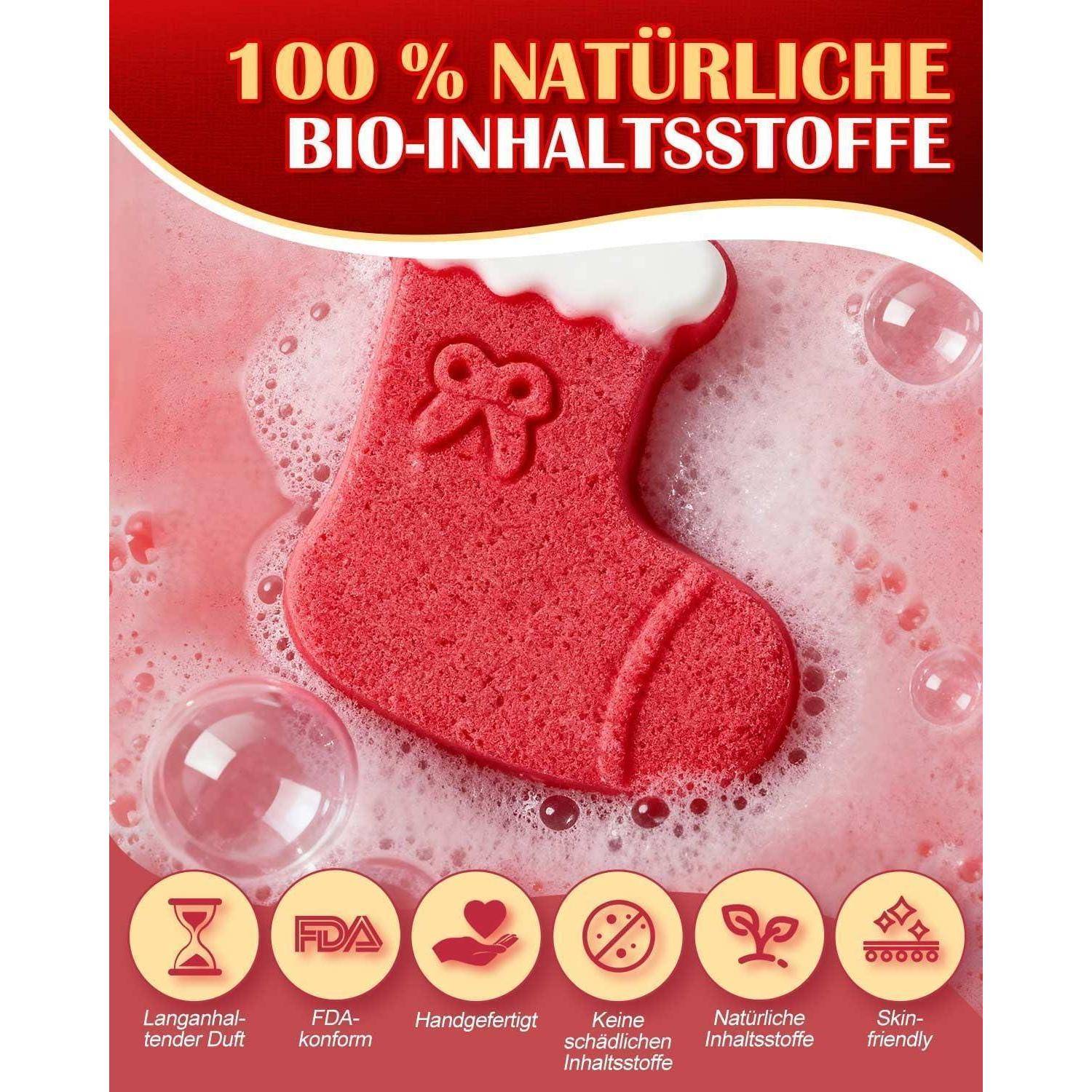 Rote sockenförmige Schwamm in rosa schäumiger Flüssigkeit mit Text „100 % NATÜRLICHE BIO-INHALTSSTOFFE