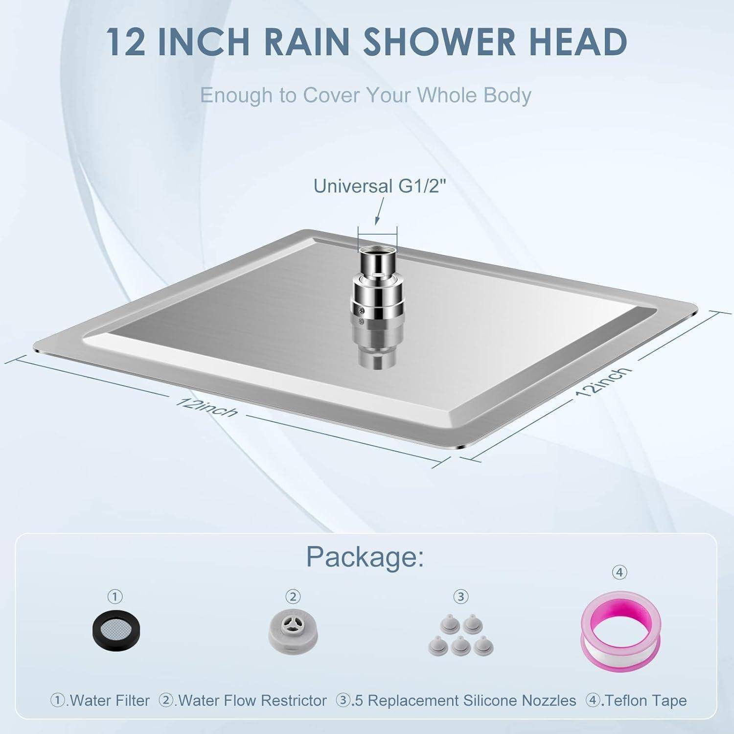 30CM Duschkopf Regendusche Groß Gebürstetes Nickel, 304 Edelstahl Wasserfall Duschkopf Wassersparend, Mit 144 Anti Kalk Düsen, 360° Verstellbarer
