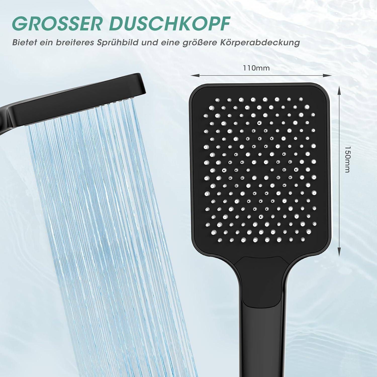 Produktgrafik eines großen Duschkopfes mit breiterer Sprühabdeckung, beschriftet mit 110 mm Breite und 150 mm Höhe, zeigt ein dichtes Düsengesicht und Wasserstrom.