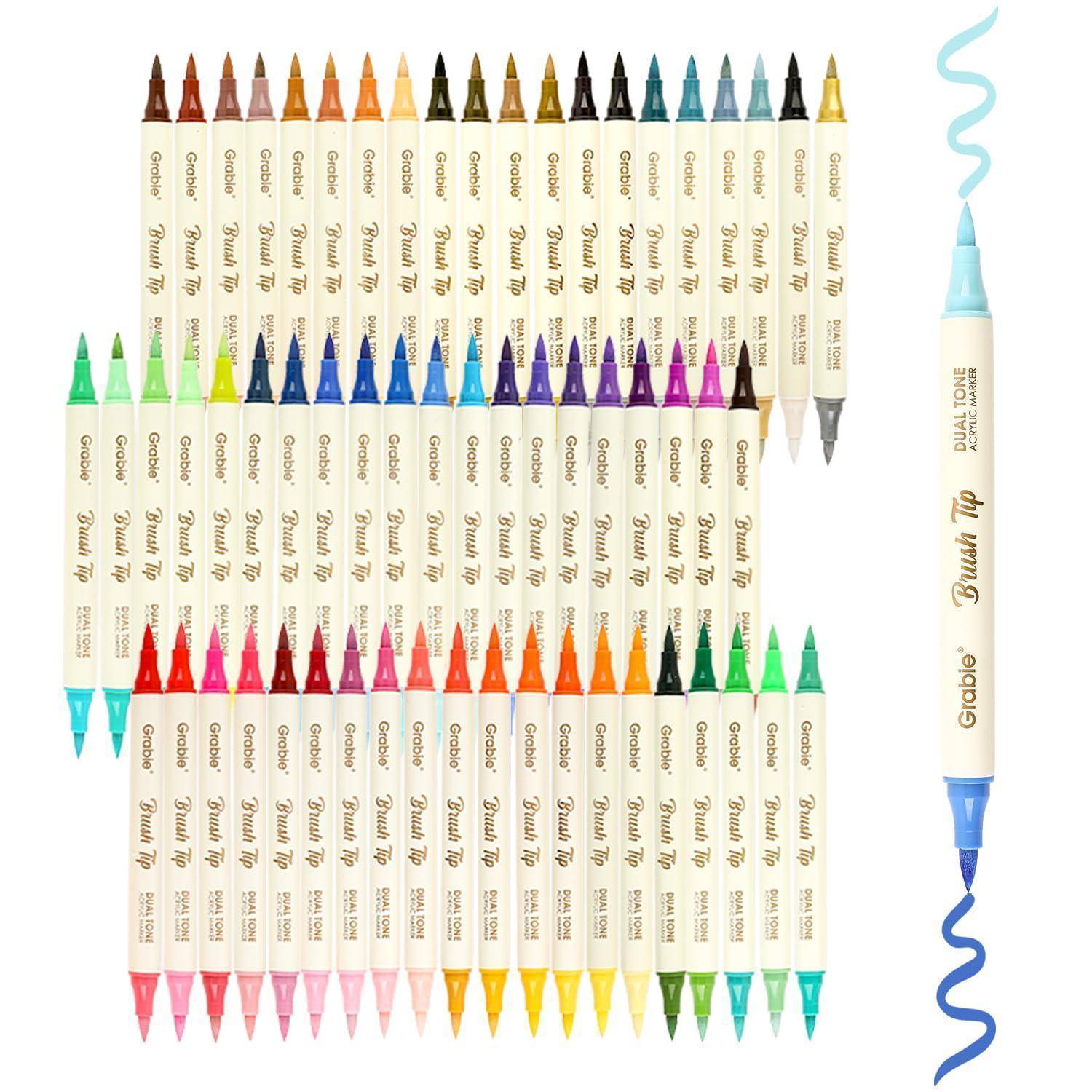 Grabie 120 Farben Acrylstifte, 60er Pack Doppelspitze Pinselstifte | 120 Farben/60 Marker, Doppelspitze mit Pinsel-Effekt, Wasser-Acryltinte für