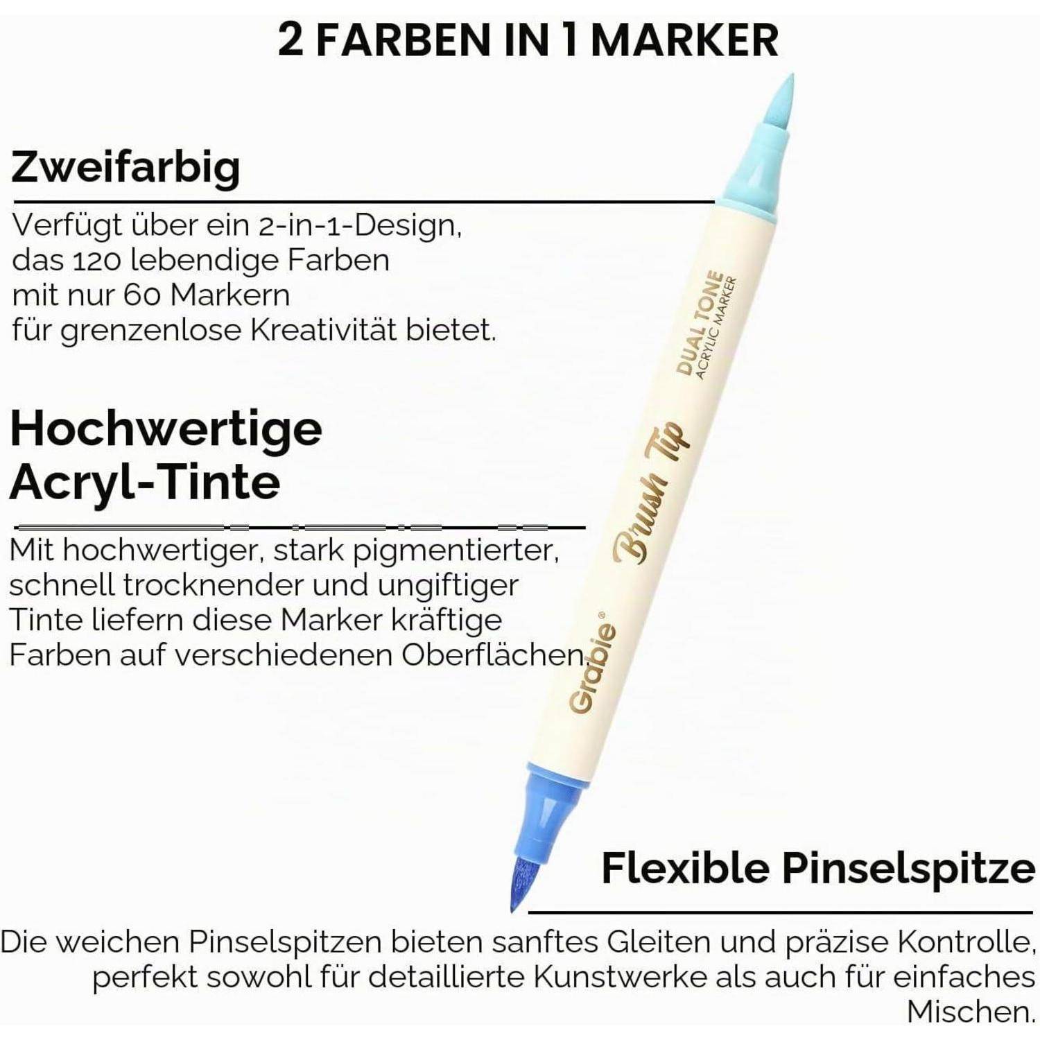 Grabie 120 Farben Acrylstifte, 60er Pack Doppelspitze Pinselstifte | 120 Farben/60 Marker, Doppelspitze mit Pinsel-Effekt, Wasser-Acryltinte für