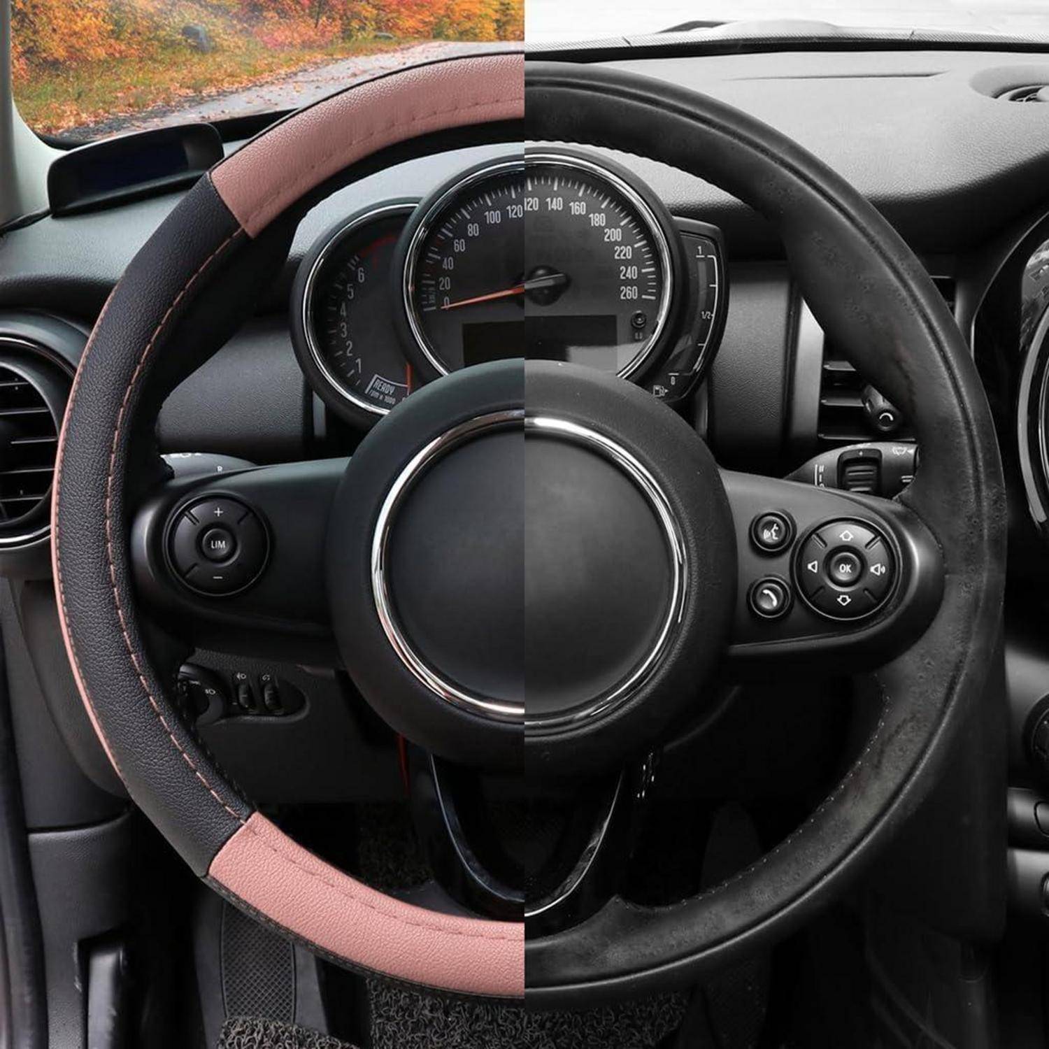 Blick auf Lenkrad und Armaturenbrett eines Fahrzeugs, das die Instrumententafel und Bedienungstasten im Inneren eines Autos zeigt.