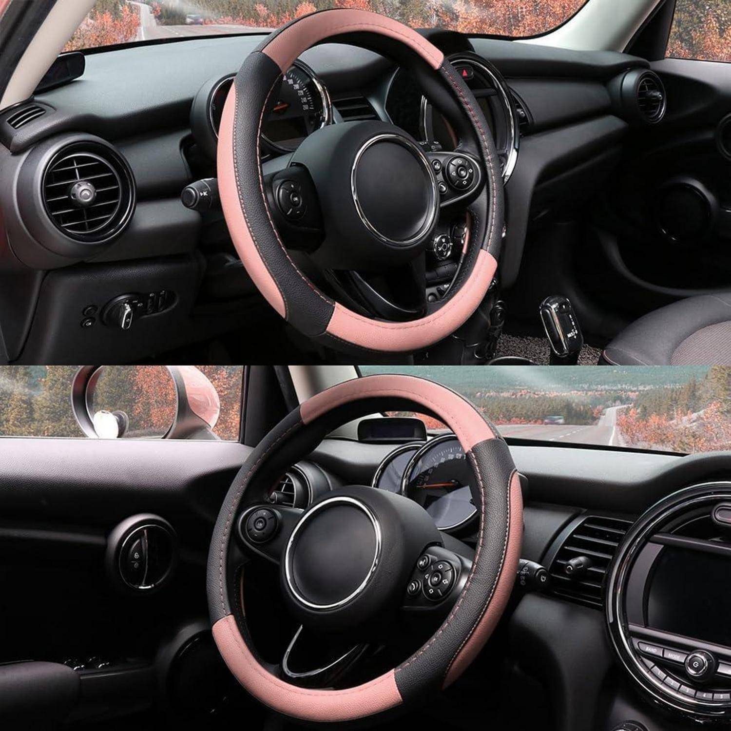 Zwei nebeneinander angeordnete Fotos des Innenraums eines Autos, die eine rosa-schwarze Lenkradabdeckung auf dem Armaturenbrett und dem Lenkrad eines Kompaktwagens zeigen.