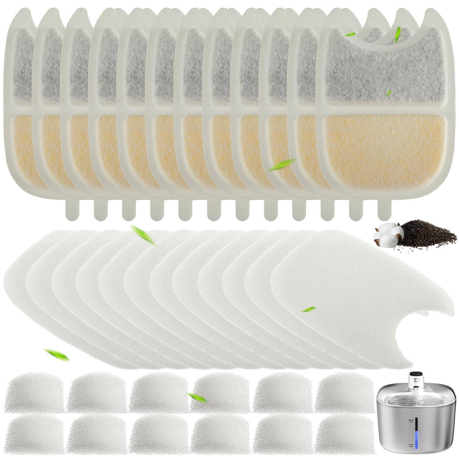 Diagramm mit einem mehrschichtigen Luftreiniger-Filter mit Vorfilter, Aktivkohle und HEPA-ähnlichen Pads, zusätzlich einem Luftbefeuchter-Wassertank und Staubpartikeln.