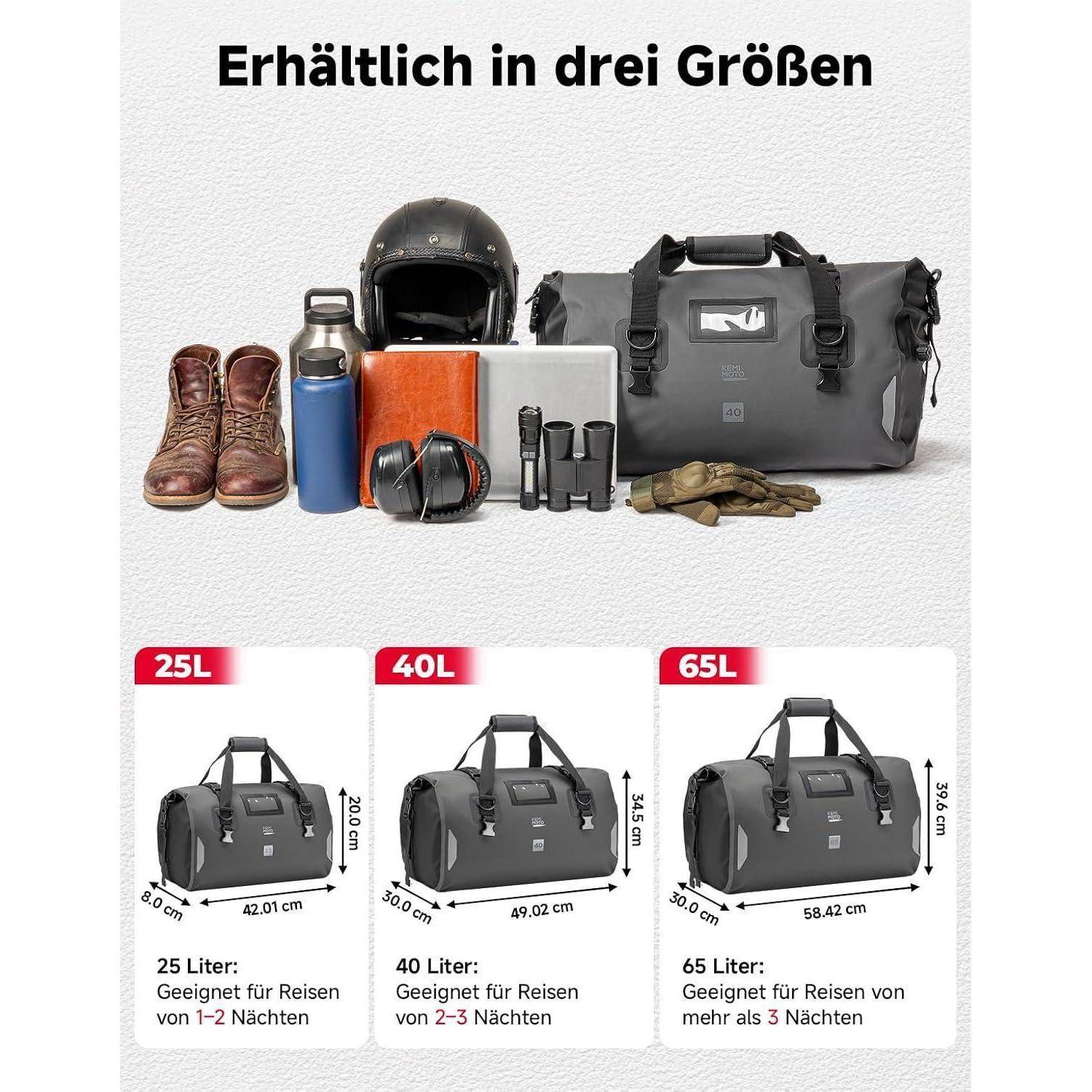 KEMIMOTO Motorrad Hecktasche 40L, IPX6 wasserdichte Motorradtasche Gepäckrolle mit Schnellverschlussgurten, Große Kapazität &amp; Mehrere Fächer, Idea