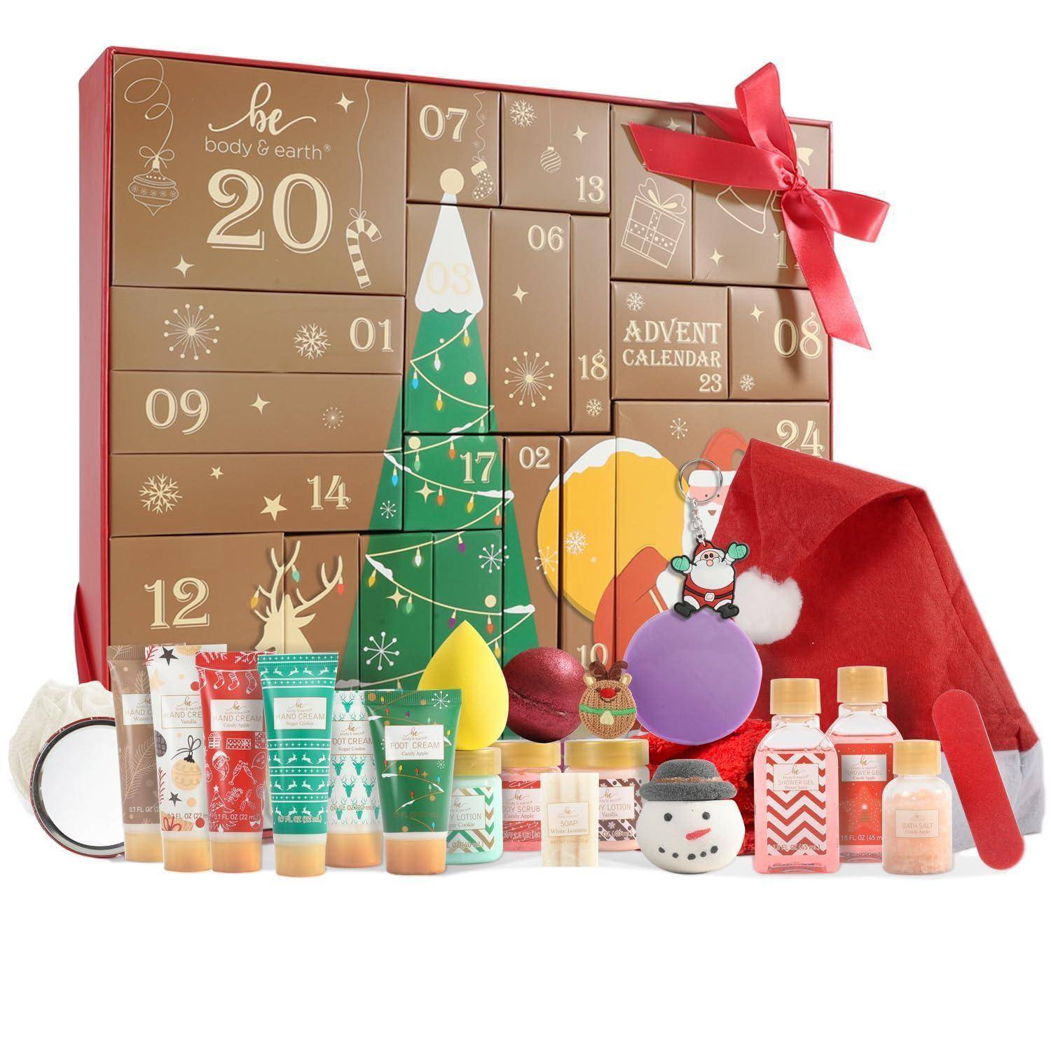 Adventskalender-Geschenkset für Weihnachtskosmetik mit nummerierten Schubladen, Weihnachtsgrafiken, verschiedenen Hautpflegeprodukten, rotem Weihnachtsmannhut und Schleife.